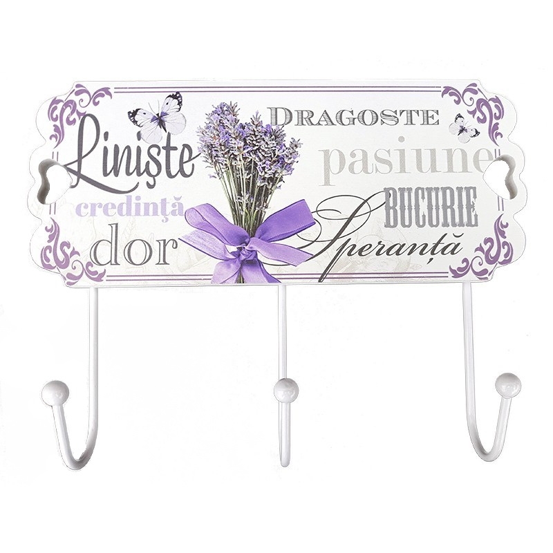 Cuier lemn flori lavanda - 3 agatatori Cuier lemn flori lavanda - 3 agatatori
