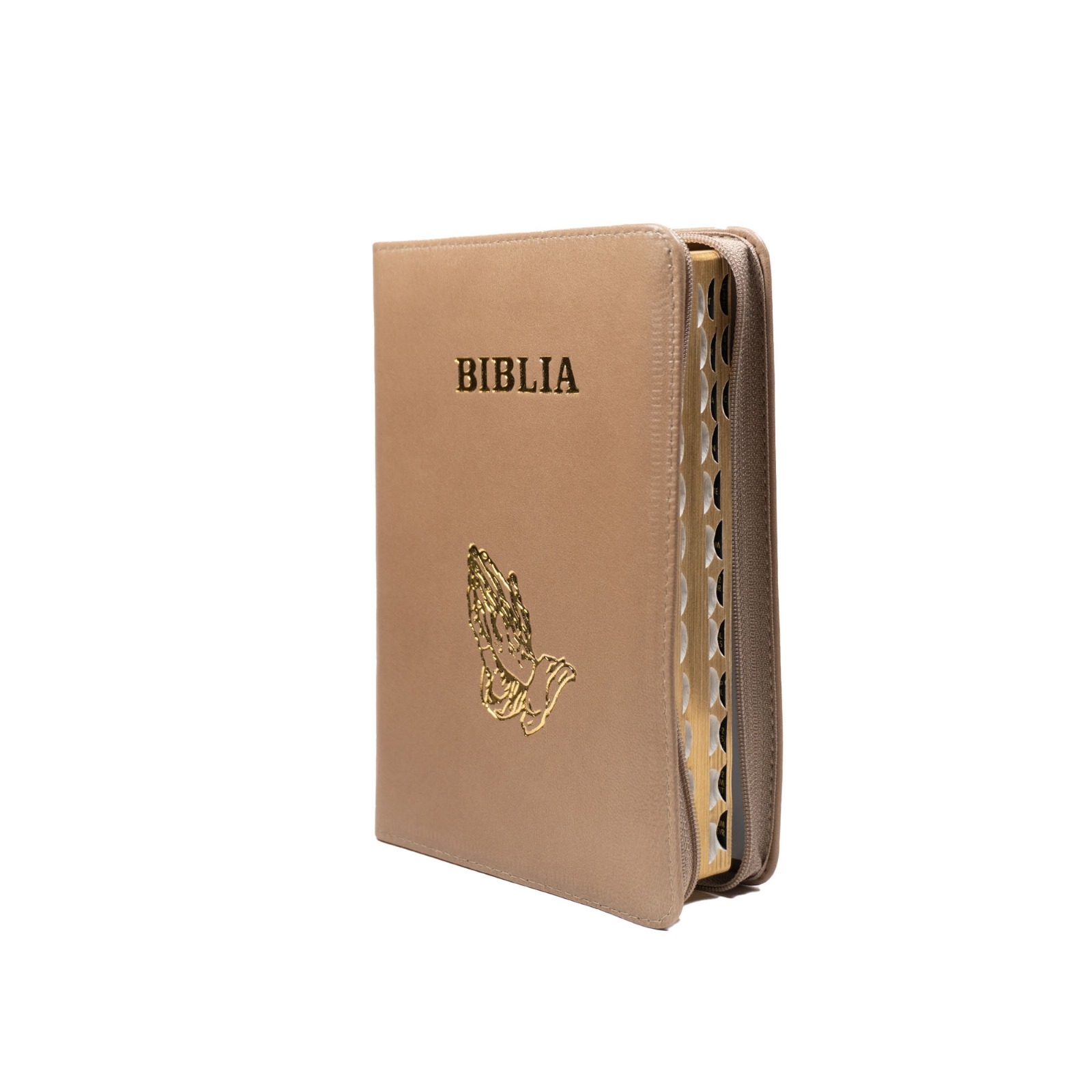 Biblie din piele, marime medie, maro, simbol maini in rugaciune, fermoar, index, margini aurii, cuv. lui Isus cu rosu [SB 057 PFI]