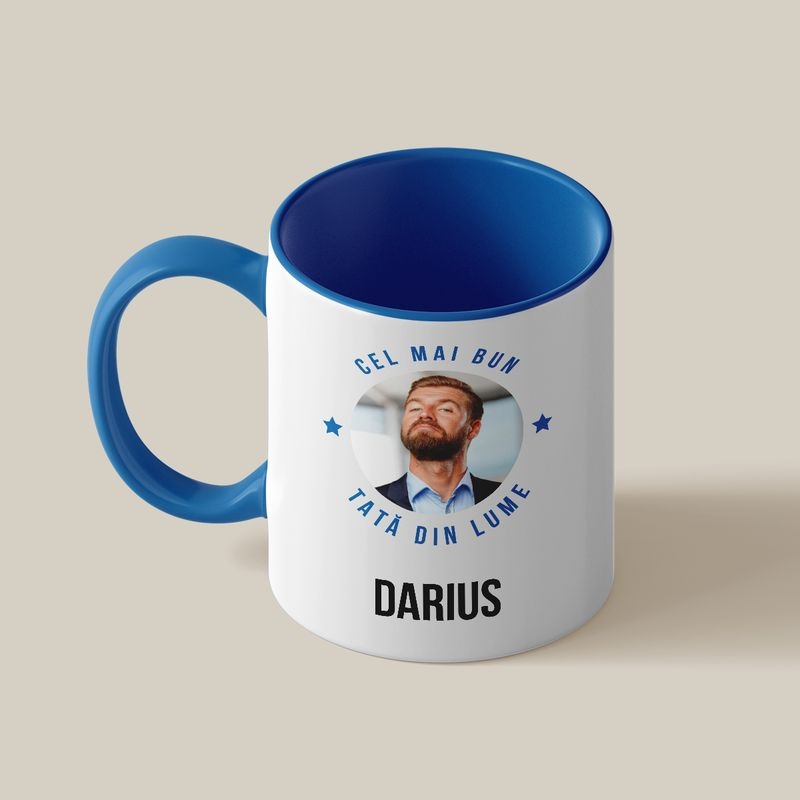 Cană personalizată cu toartă și interior color, poză și nume – Cel mai bun tată