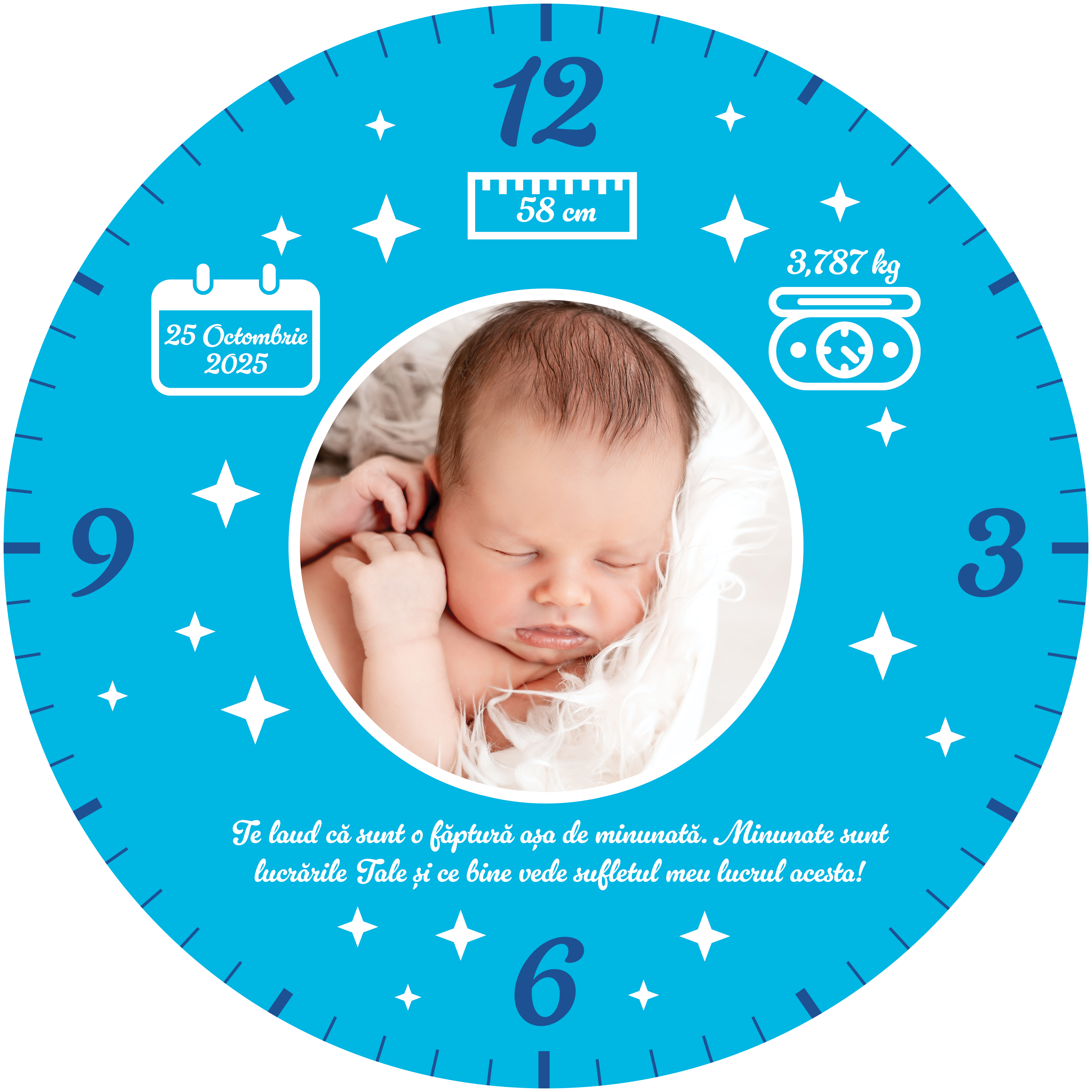 Ceas personalizat cu verset biblic, poză și text - Nou născut