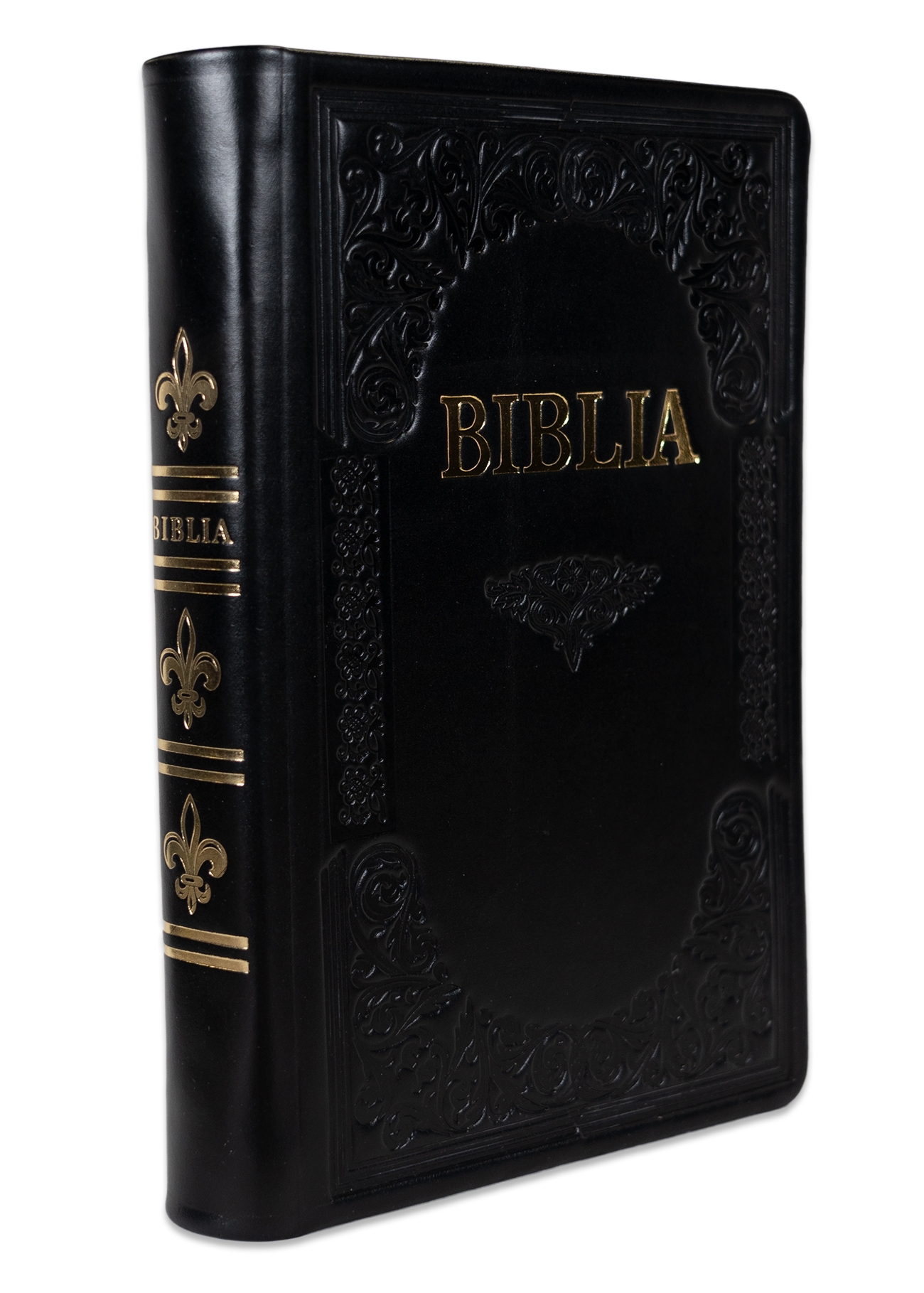 Biblie mare, piele, handmade, neagră, index, margini aurii,  cuv. Isus cu rosu [SI 076 HM]