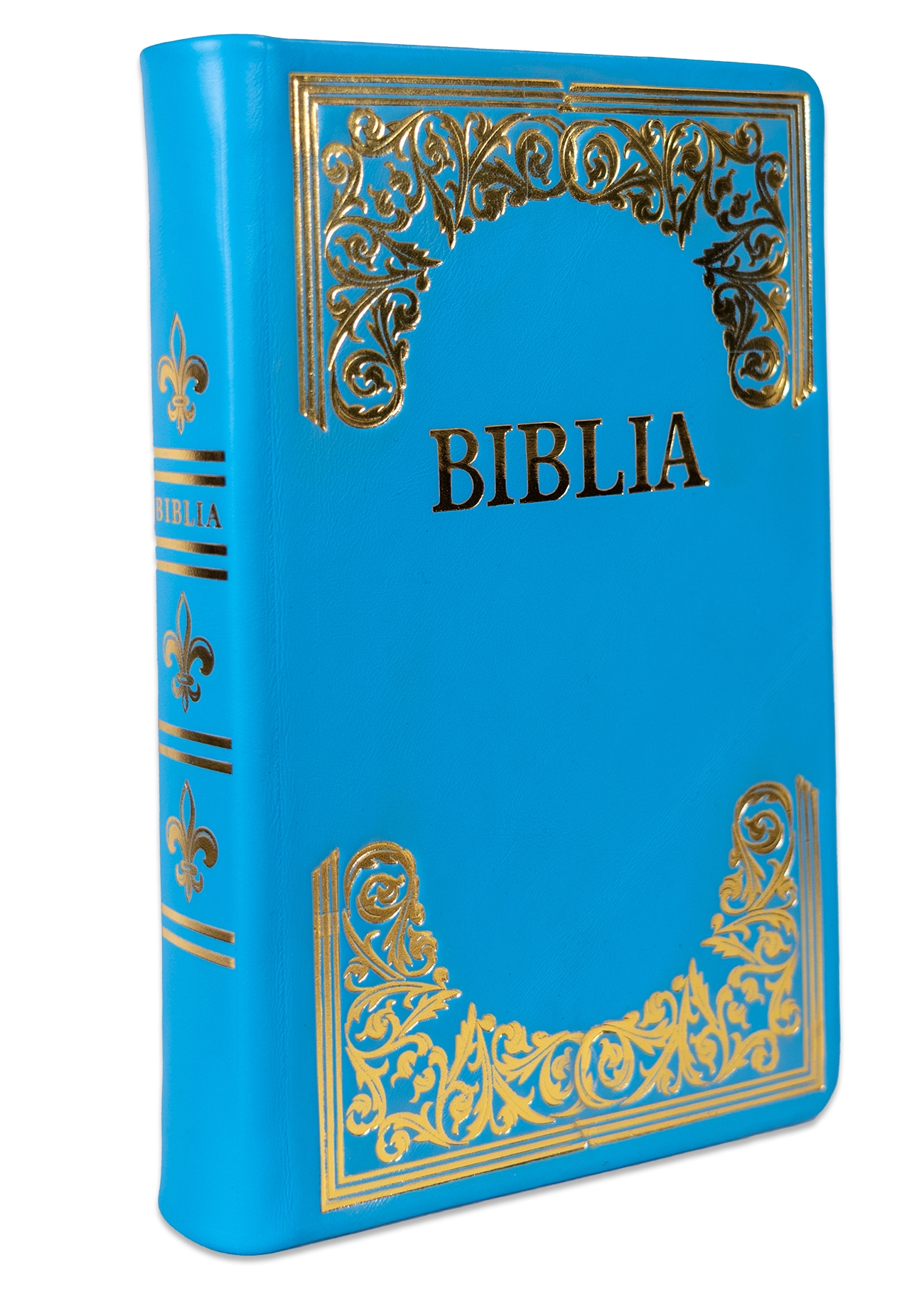 Biblie mare, piele, handmade, albastru deschis,  index, margini aurii,  cuv. Isus cu rosu [SI 076 HM]