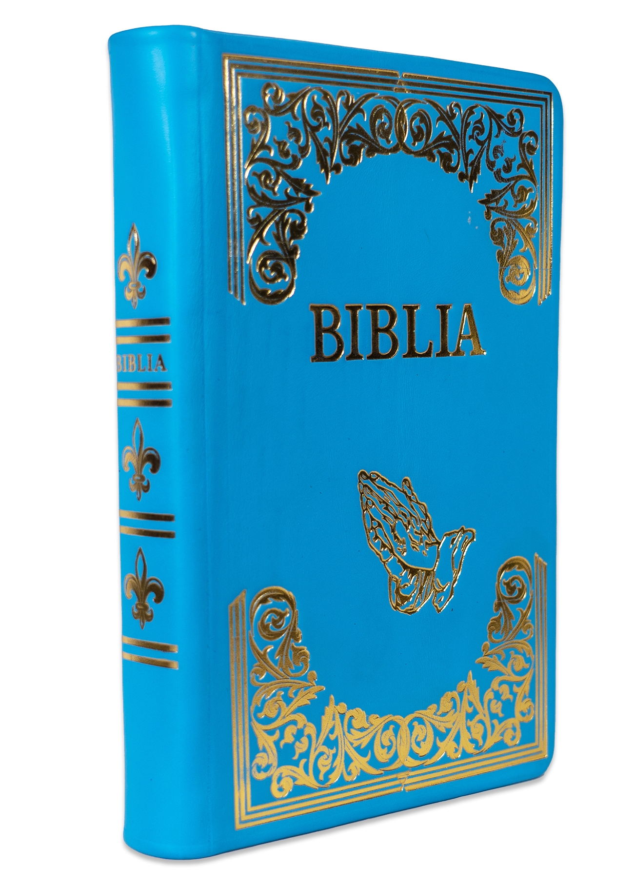 Biblie mare, piele, handmade, albastru deschis, simbol mâini în rugăciune,  index, margini aurii,  cuv. Isus cu rosu [SI 076 HM]