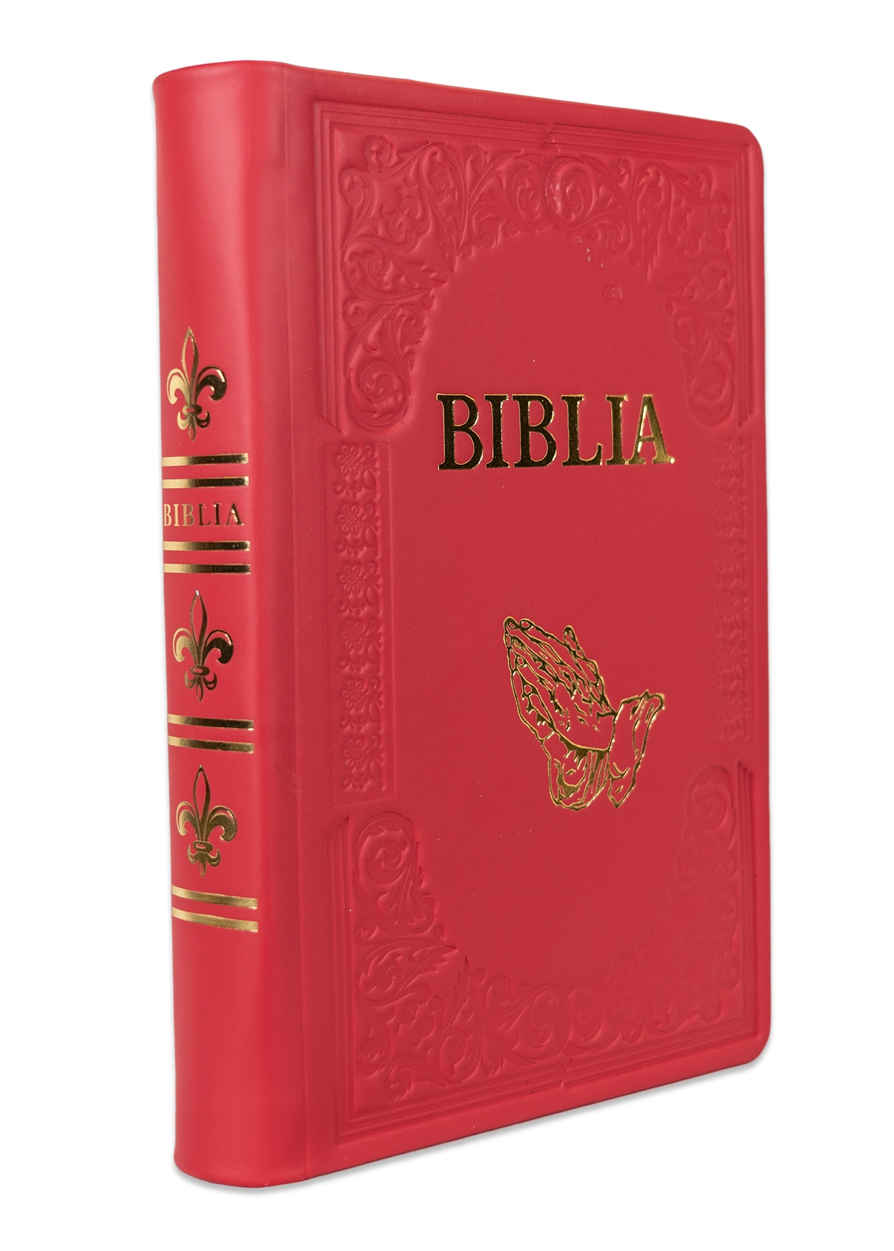 Biblie mare, piele, handmade, roz închis, simbol mâini în rugăciune, index, margini aurii,  cuv. Isus cu rosu [SI 076 HM]