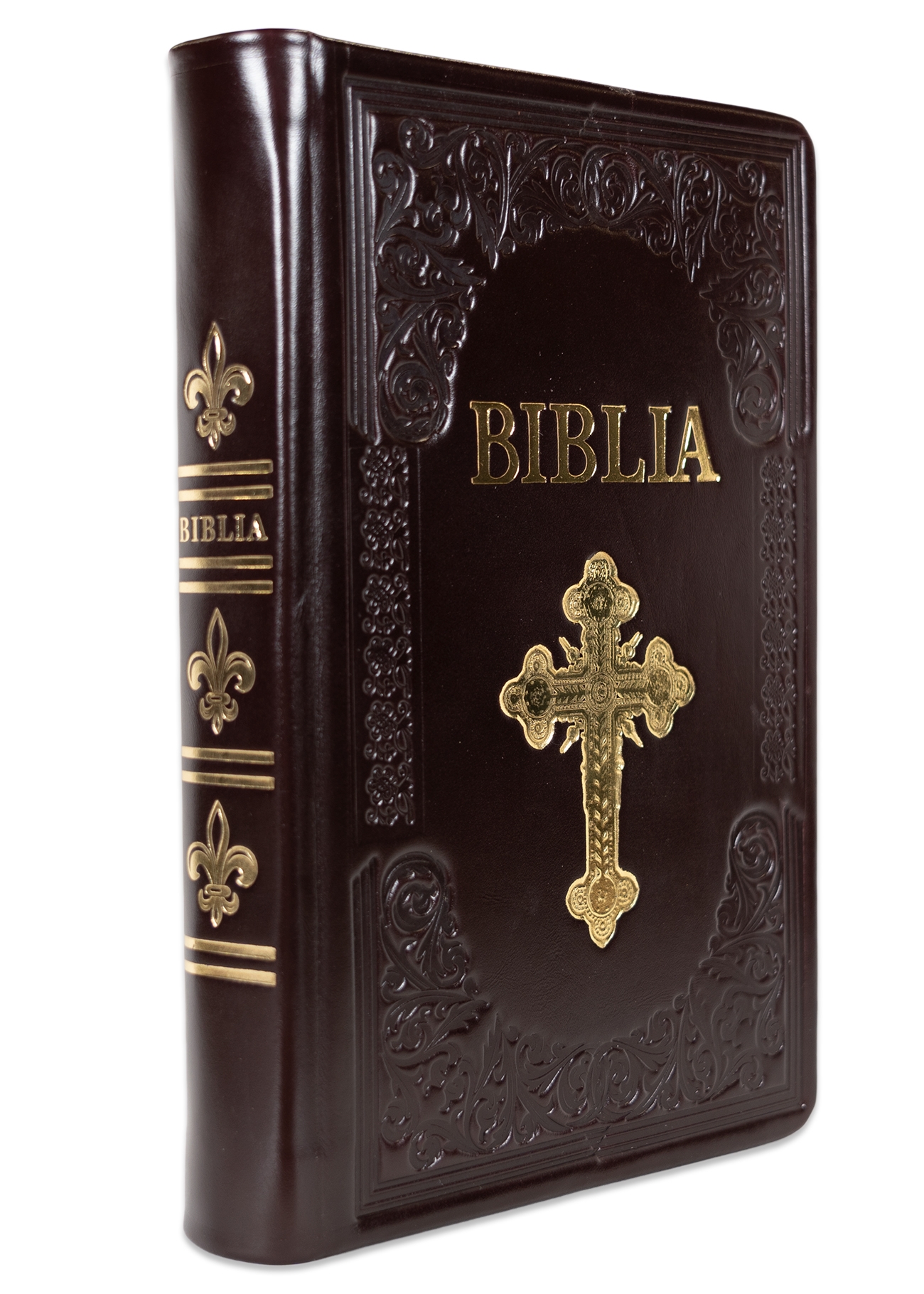 Biblie mare, piele, handmade, bordo închis, simbol cruce,  index, margini aurii,  cuv. Isus cu rosu [SI 076 HM]