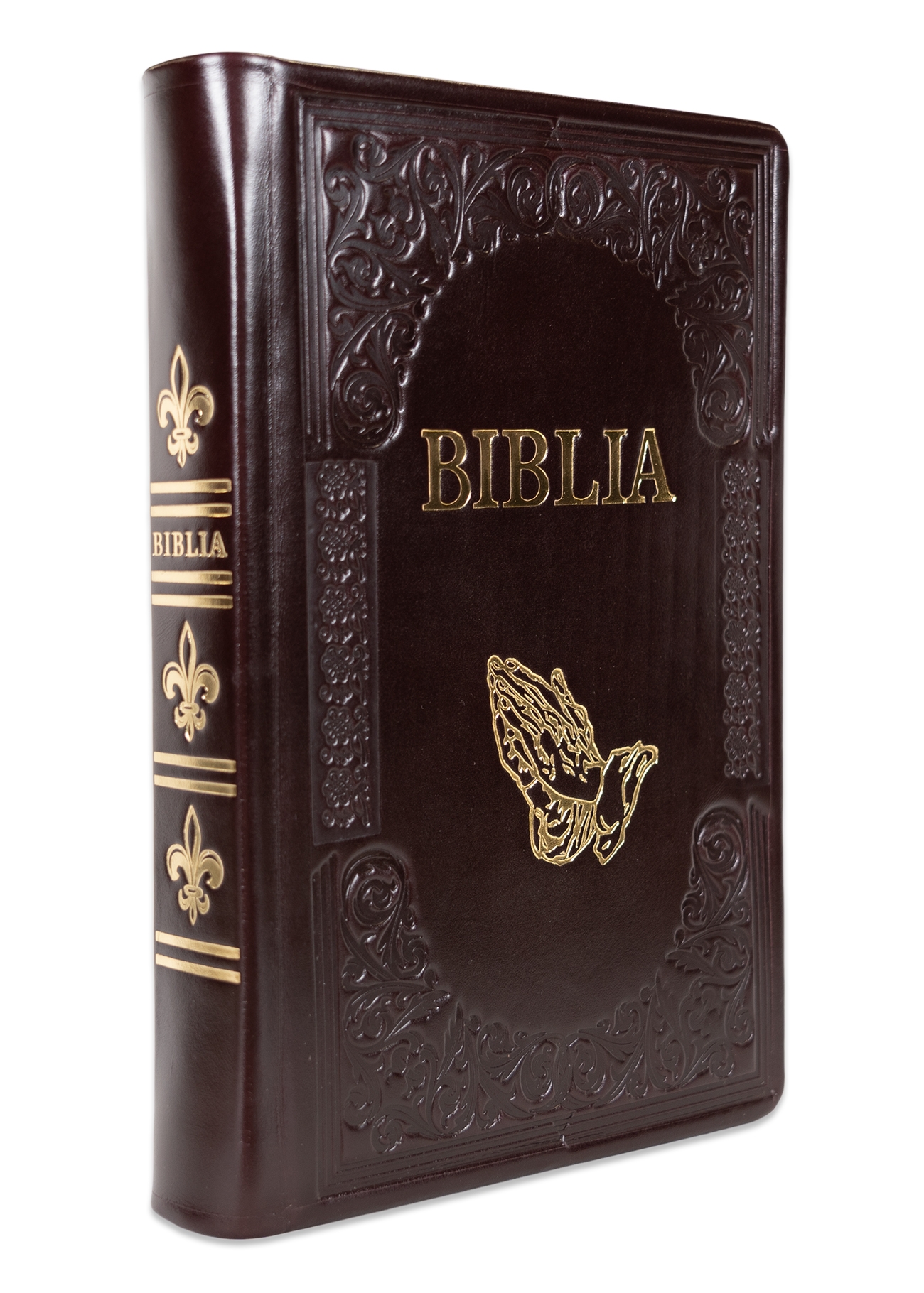 Biblie mare, piele, handmade, bordo închis, simbol mâini în rugăciune, index, margini aurii,  cuv. Isus cu rosu [SI 076 HM]