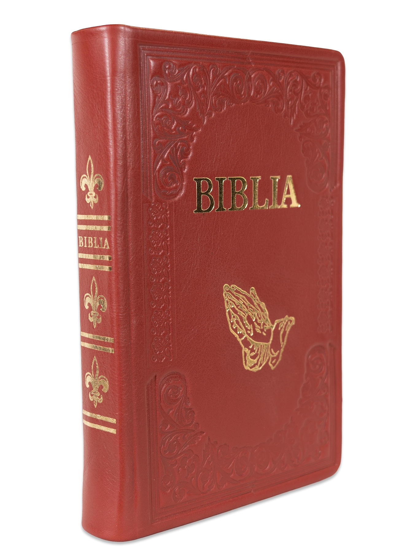 Biblie mare, piele, handmade, cărămiziu închis, simbol mâini în rugăciune, index, margini aurii,  cuv. Isus cu rosu [SI 076 HM]