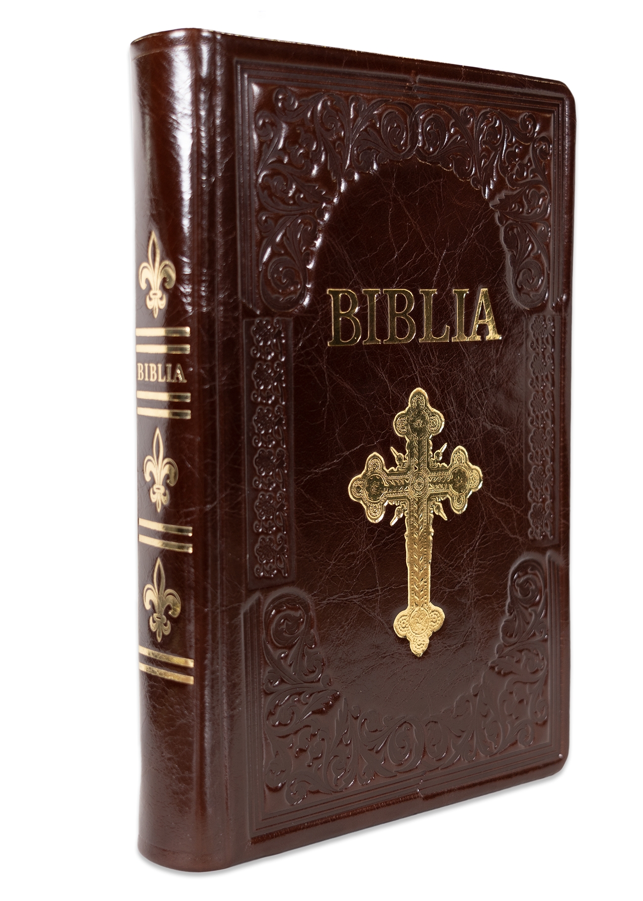 Biblie mare, piele, handmade, maro închis, simbol cruce,  index, margini aurii,  cuv. Isus cu rosu [SI 076 HM]