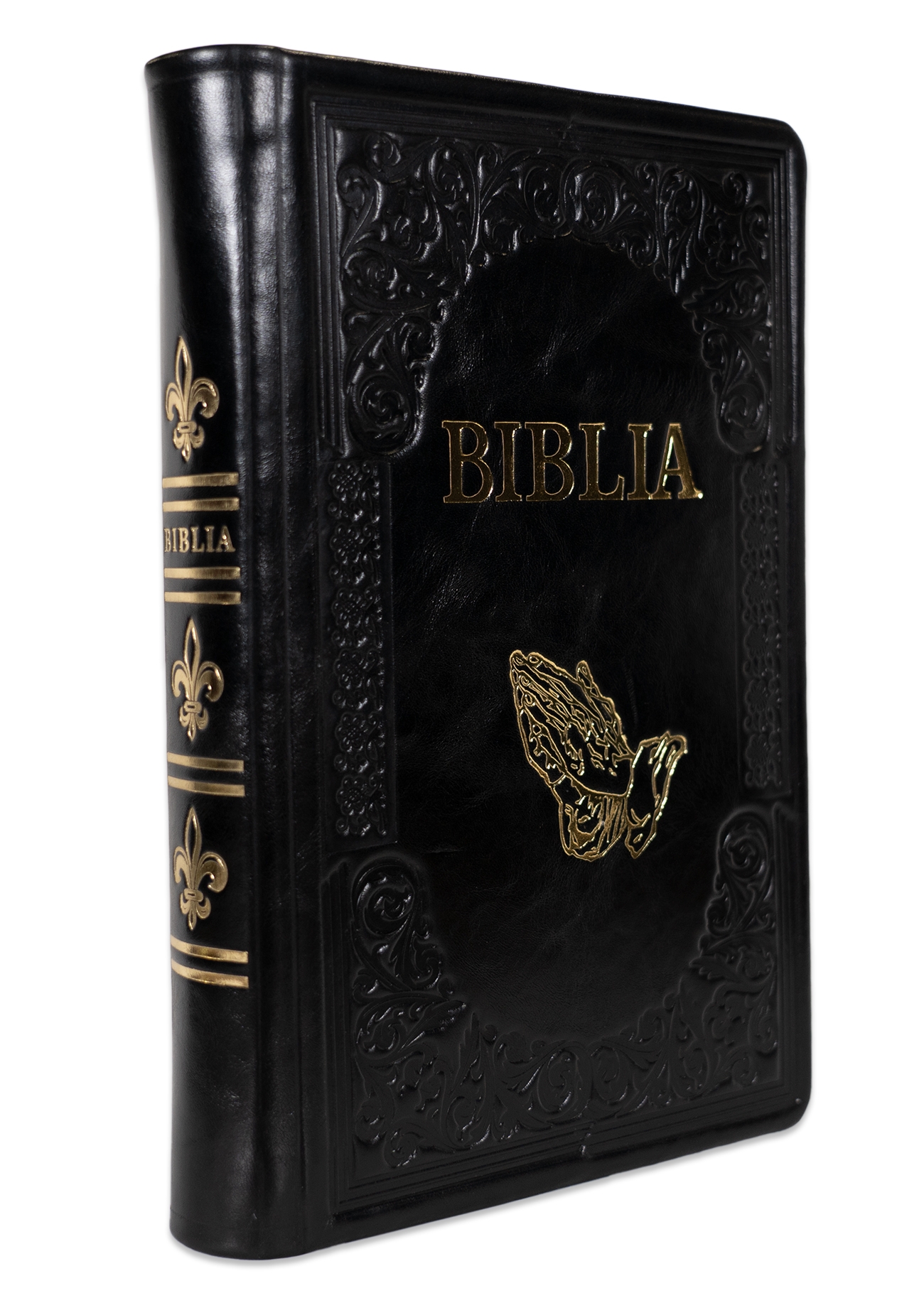 Biblie mare, piele, handmade, neagră, simbol mâini în rugăciune, index, margini aurii,  cuv. Isus cu rosu [SI 076 HM]