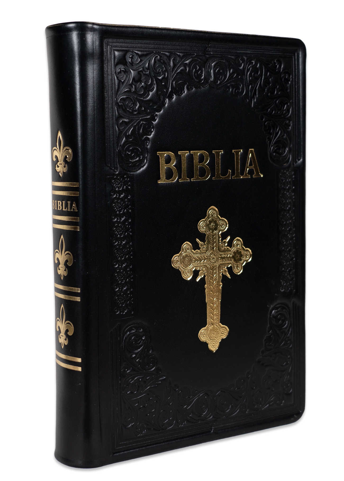 Biblie mare, piele, handmade, neagră, simbol cruce,  index, margini aurii,  cuv. Isus cu rosu [SI 076 HM]