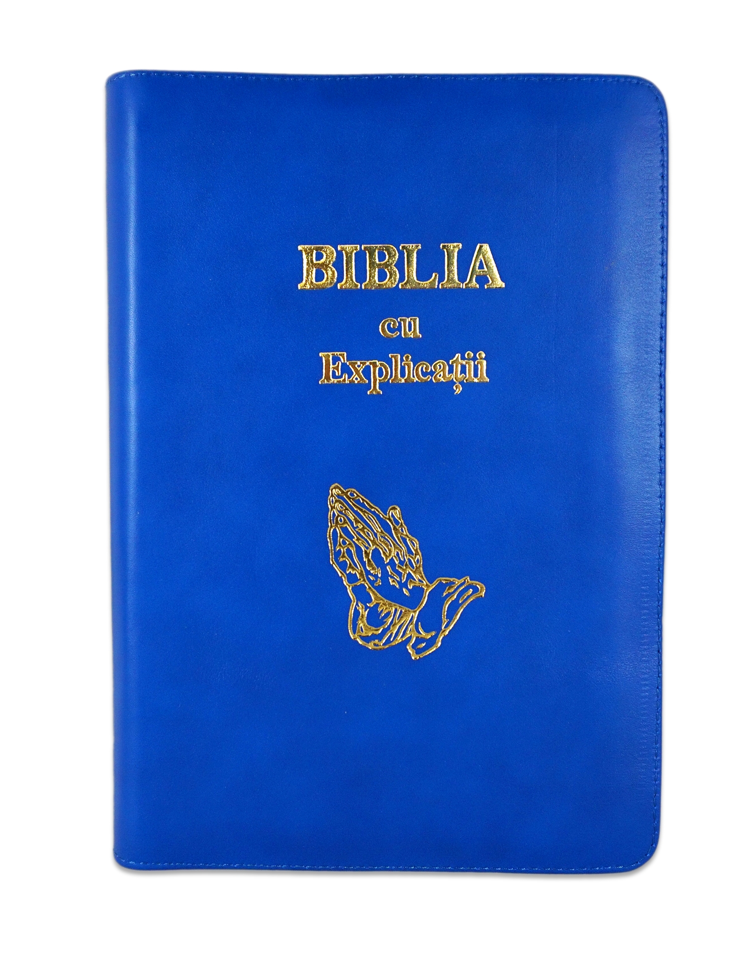 Biblia cu explicatii + concordanta biblica, piele naturala, culoare albastru, fermoar, index, margini aurii, simbol maini in rugaciune, cuv. lui Isus cu rosu [CO 77 PFI]