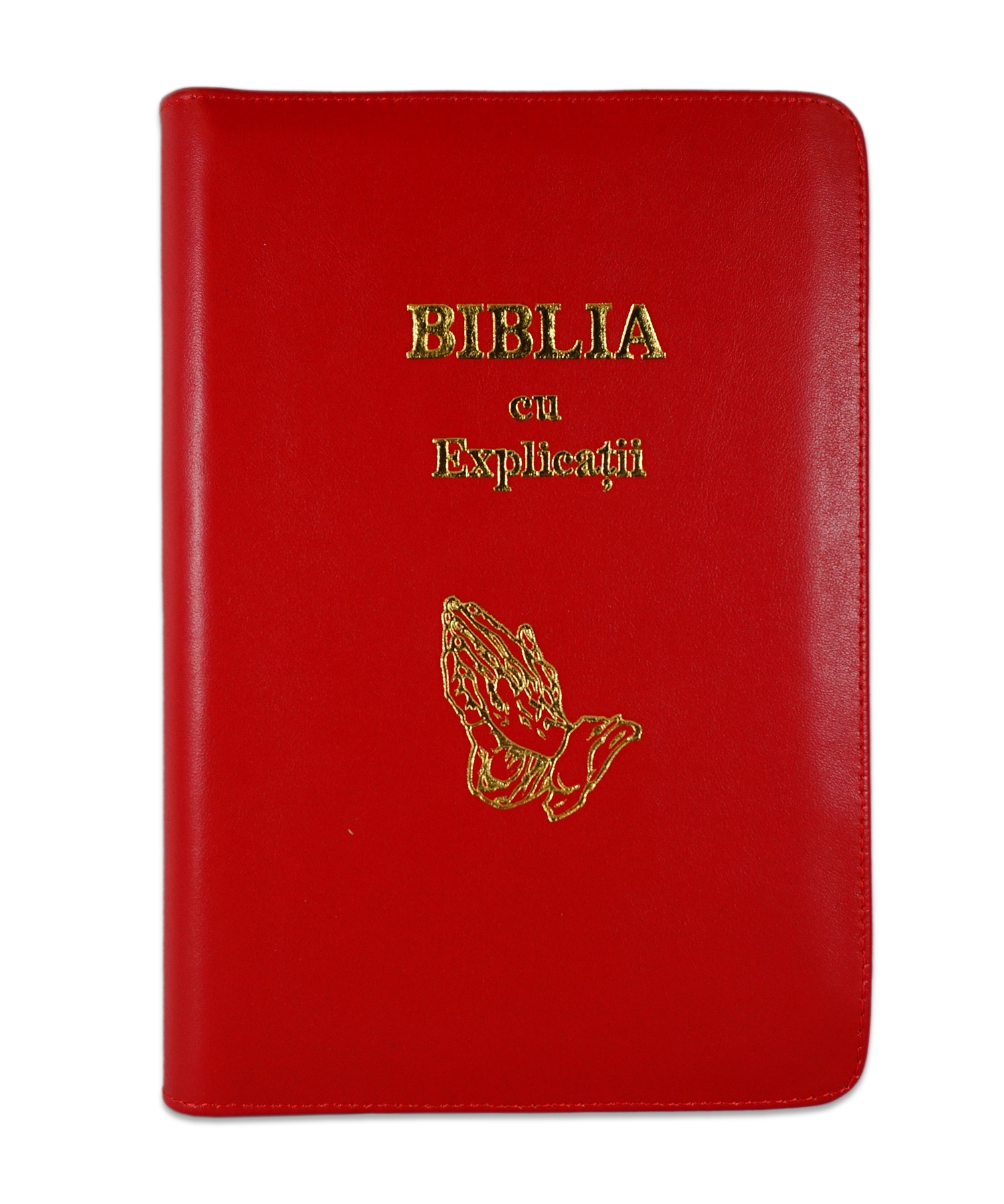 Biblia cu explicatii + concordanta biblica, piele naturala, culoare rosie, fermoar, index, margini aurii, simbol maini in rugaciune, cuv. lui Isus cu rosu [CO 77 PFI]