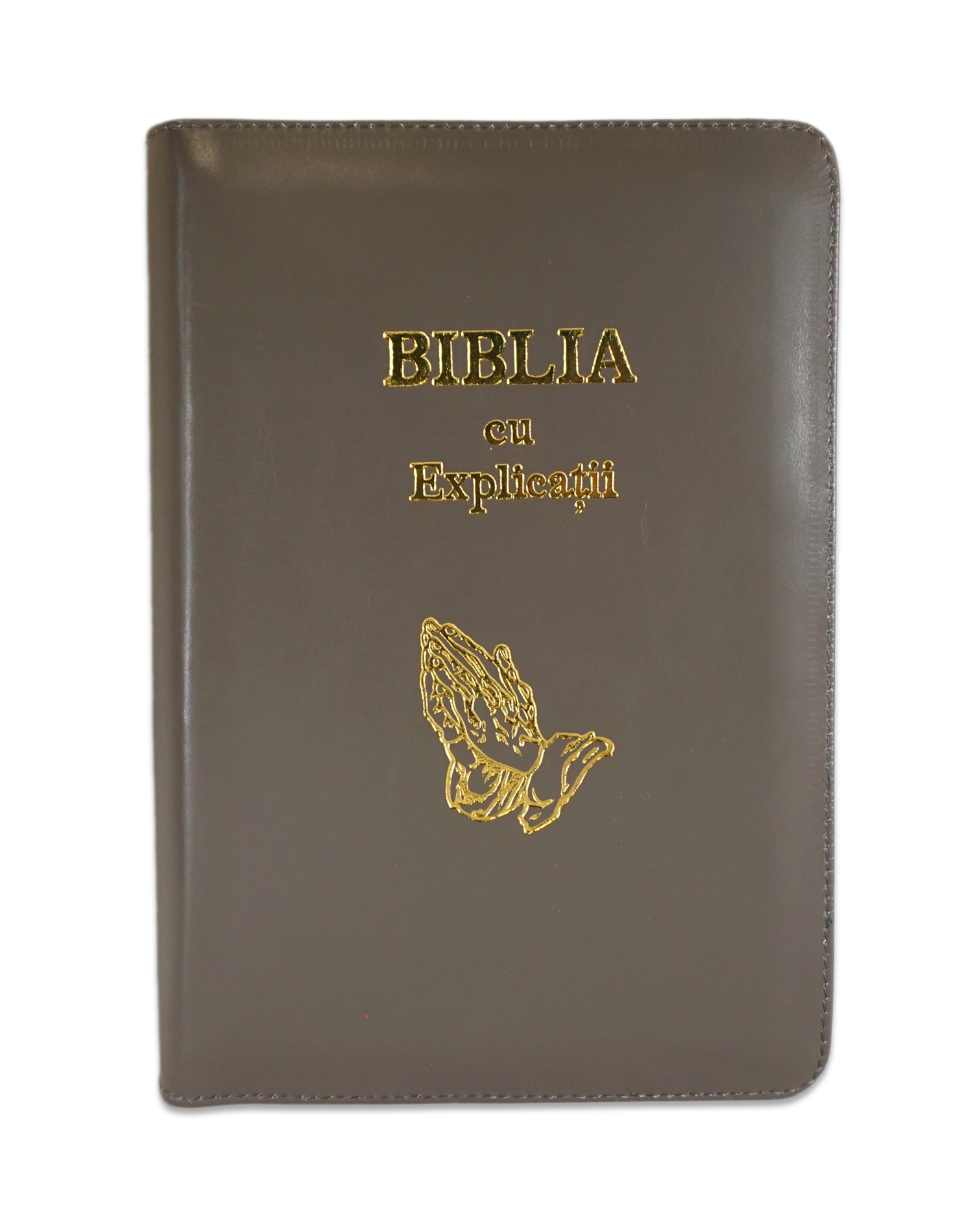 Biblia cu explicatii + concordanta biblica, piele naturala, culoare gri, fermoar, index, margini aurii, cuv. lui Isus cu rosu, simbol maini in rugaciune [CO 77 PFI]