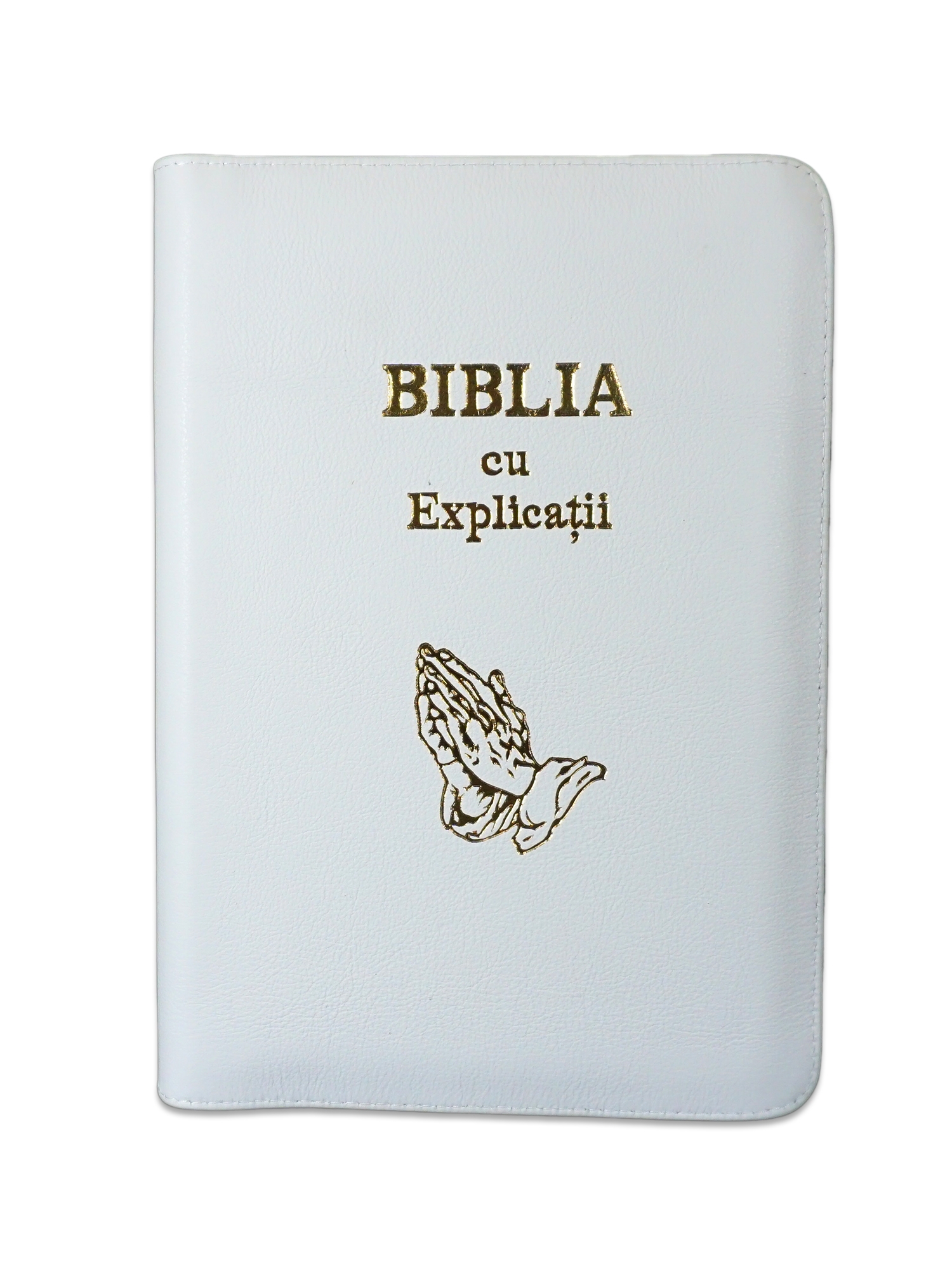 Biblia cu explicatii + concordanta biblica, piele naturala, culoare alba, fermoar, index, margini aurii, simbol maini in rugaciune, cuv. lui Isus cu rosu [CO 77 PFI]