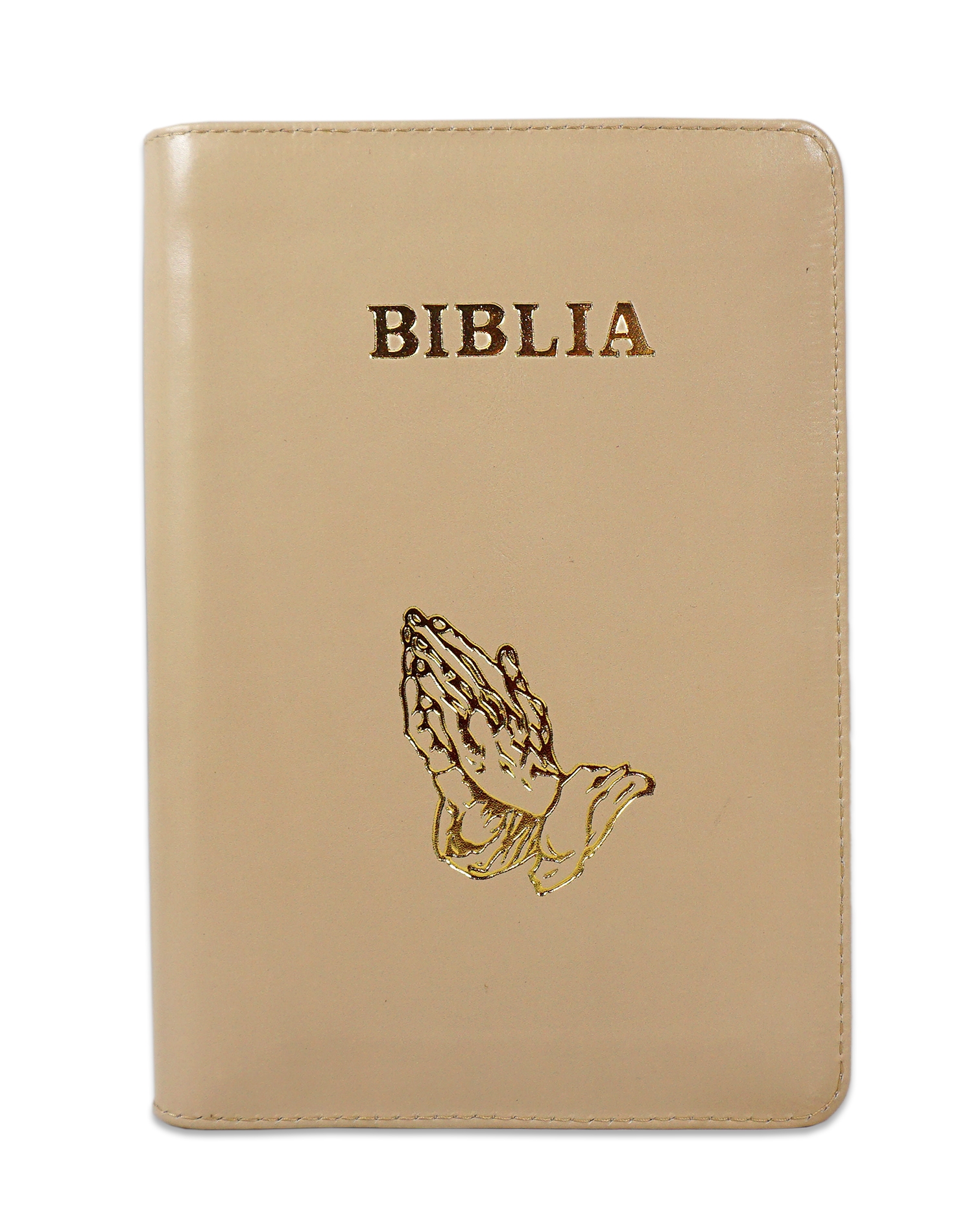 Biblie din piele, marime medie, culoare crem, simbol maini in rugaciune, fermoar, index, margini aurii, cuv. lui Isus cu rosu [SB 057 PFI]