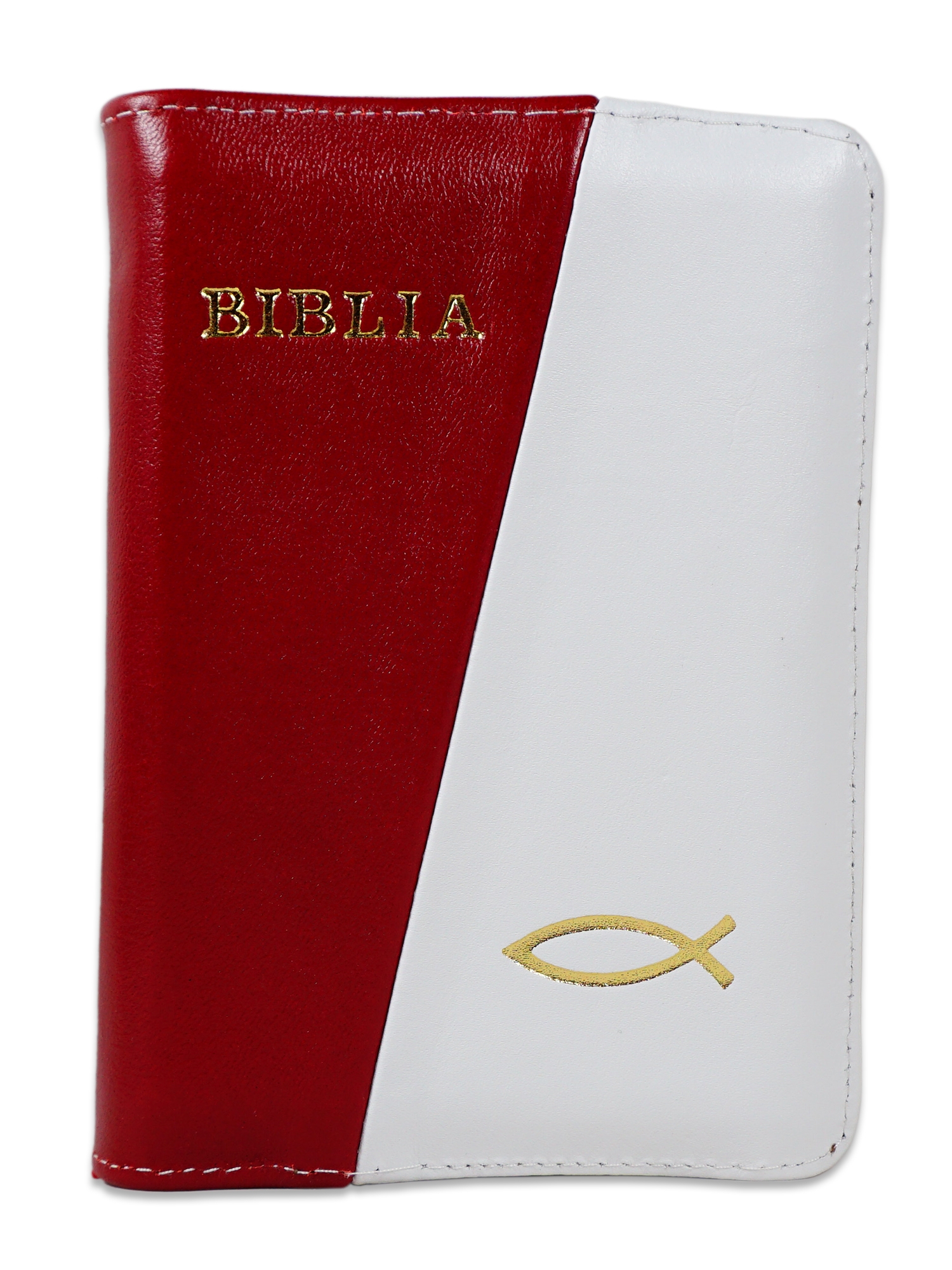 Biblie marime mica, piele,culoare rosu cu alb, index, fermoar, margini aurii, cuv. lui Isus in rosu,simbol peste [047 PFI]