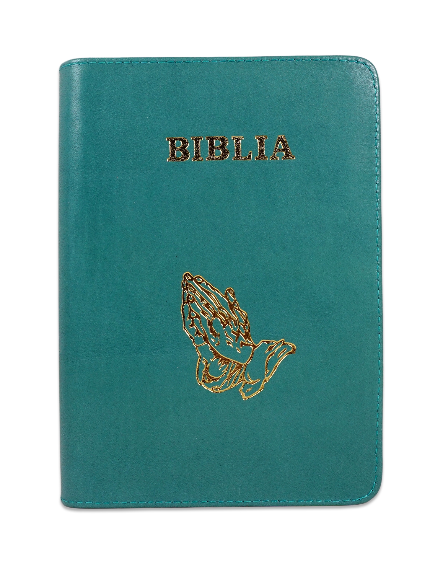 Biblie din piele, marime medie, culoare verde, simbol maini in rugaciune, fermoar, index, margini aurii, cuv. lui Isus cu rosu [SB 057 PFI]