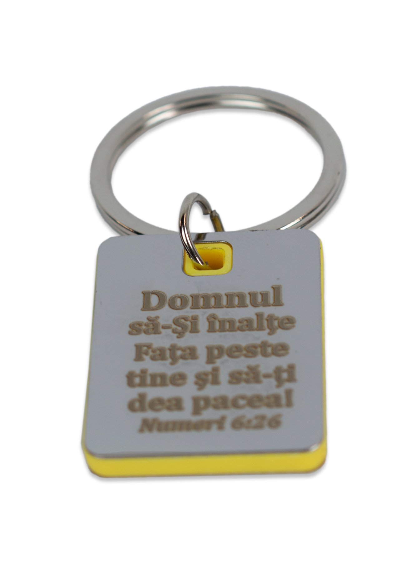 Breloc metalic cu placuta interioara galbena din ABS - "Domnul sa-Si inalte fata peste tine" Breloc metalic cu placuta interioara galbena din ABS - "Domnul sa-Si inalte fata peste tine"