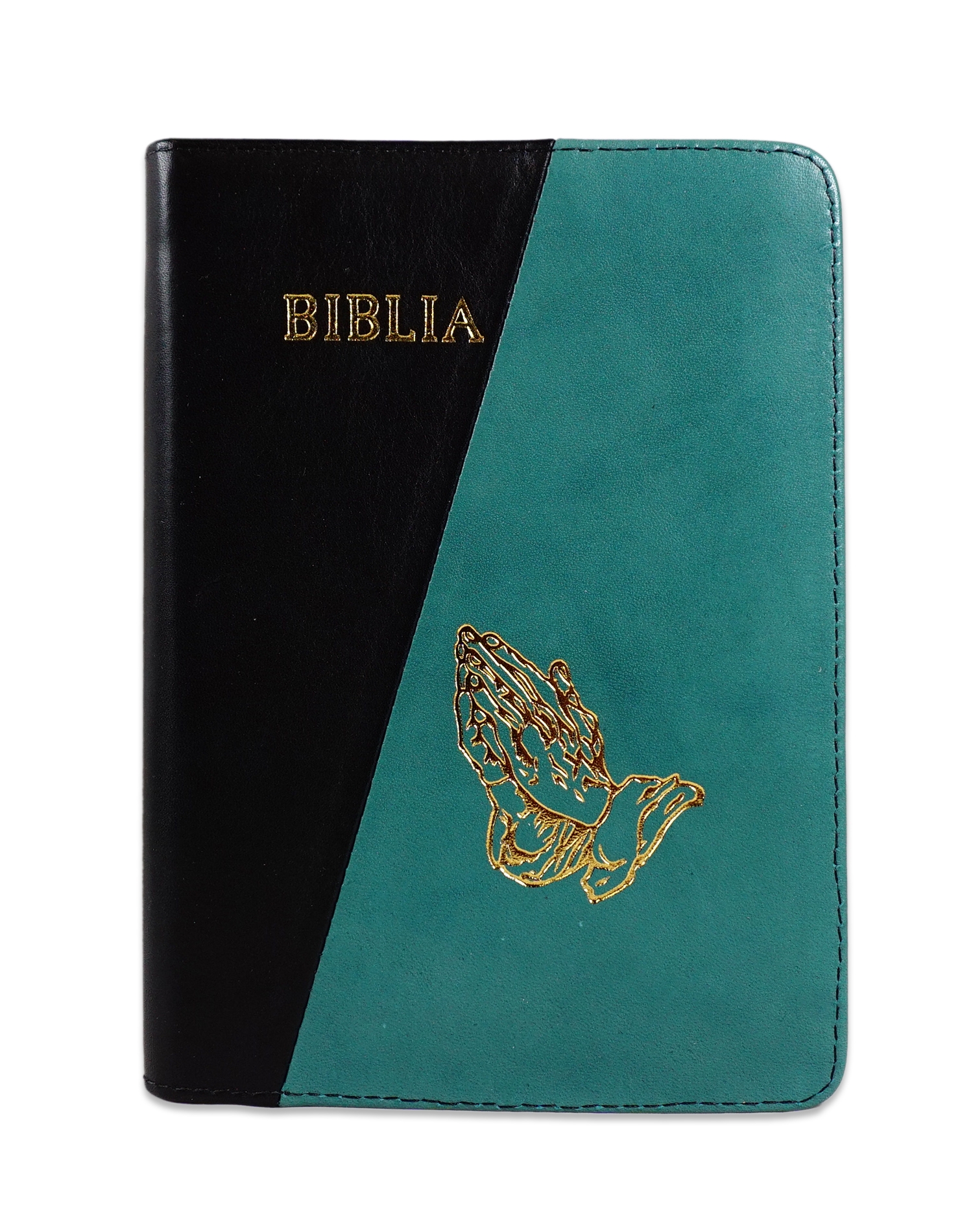 Biblie din piele, marime medie, culoare negru cu verde, simbol maini in rugaciune, fermoar, index, margini aurii, cuv. lui Isus cu rosu [SB 057 PFI]