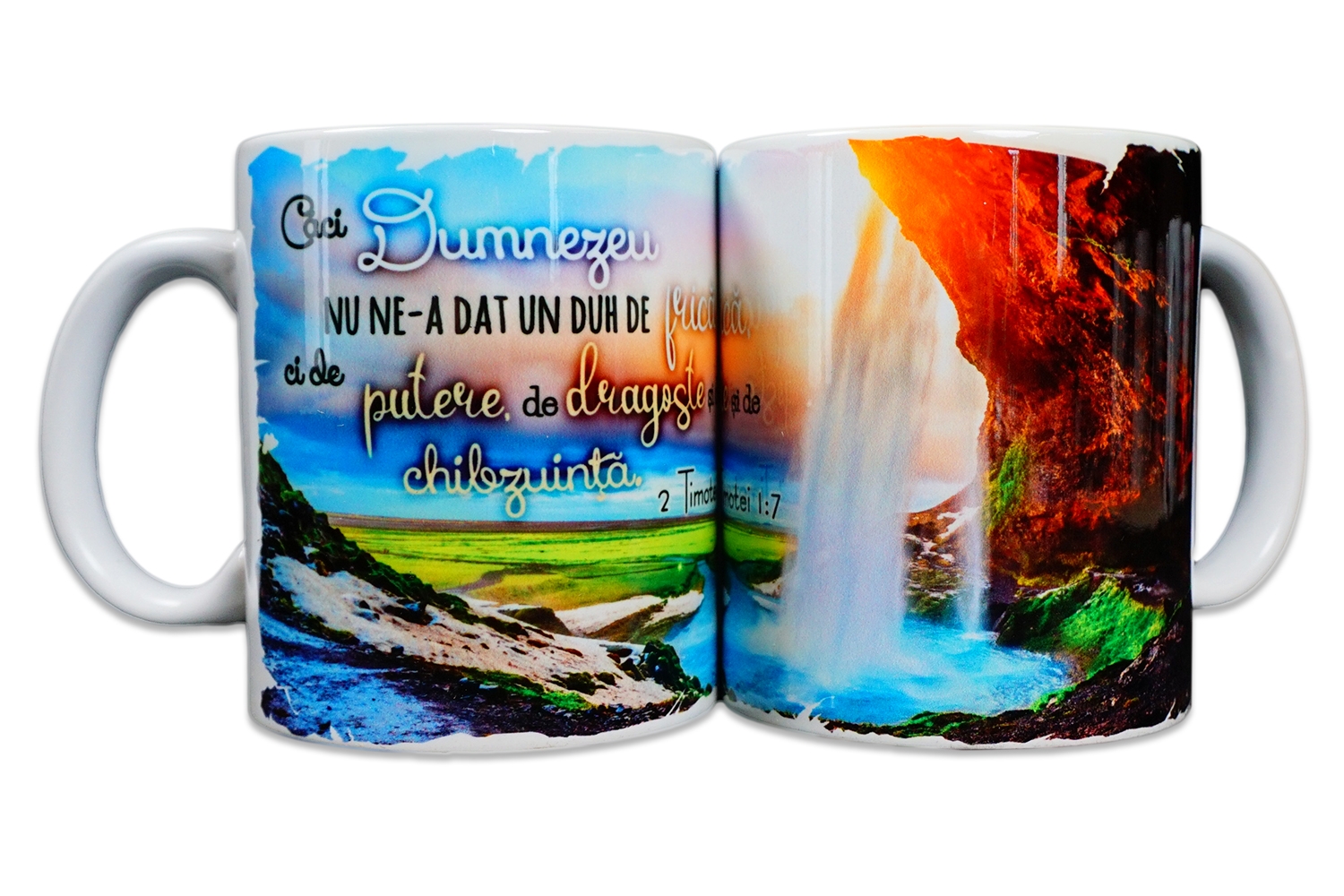 Cană cu mesaj creștin - "Căci Dumnezeu nu n-ea dat un duh de frică..." (2 Timotei 1:7)