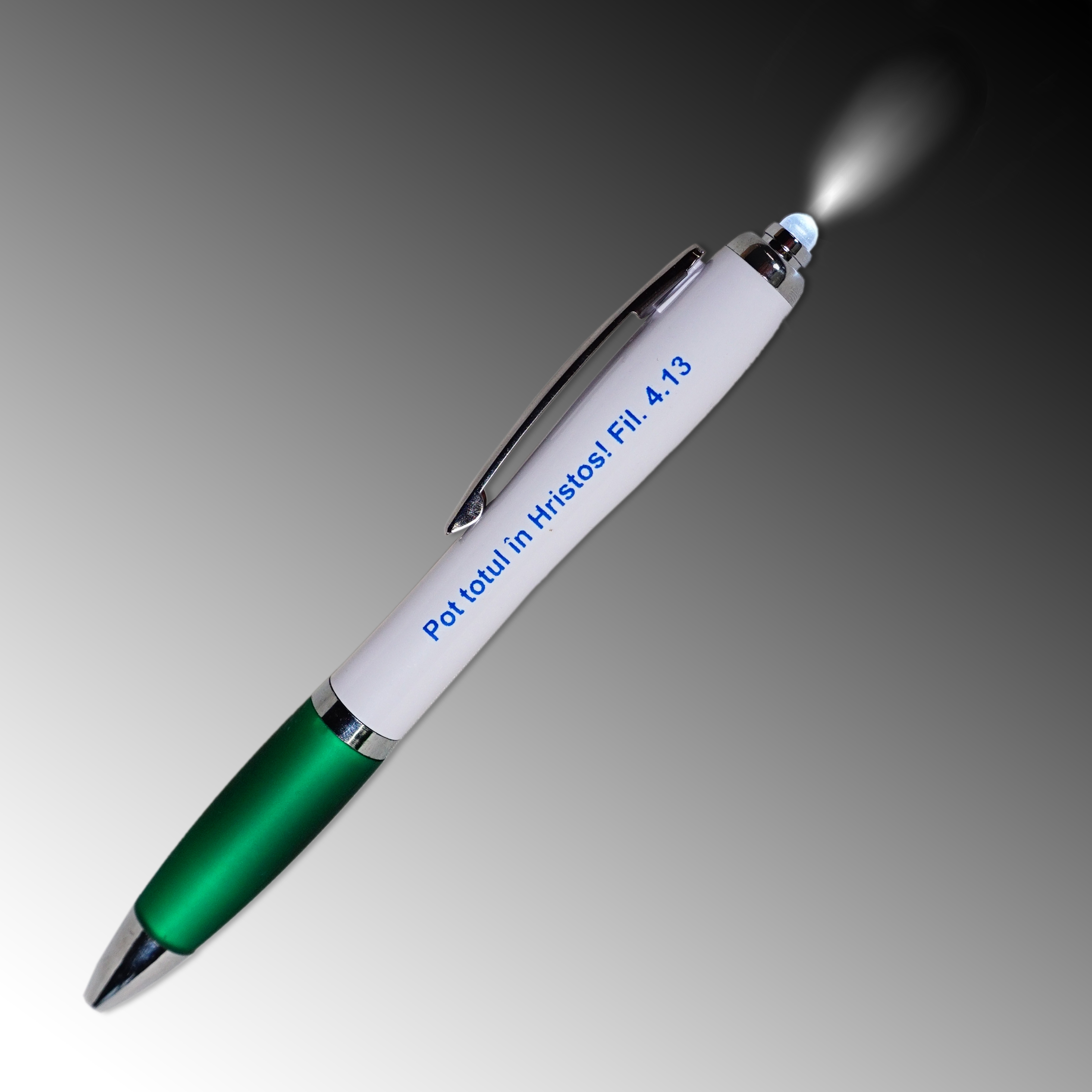Pix alb, verde cu lumină - "Pot totul în Hristos!" (Fil 4:13) Pix alb, verde cu lumină - "Pot totul în Hristos!" (Fil 4:13)