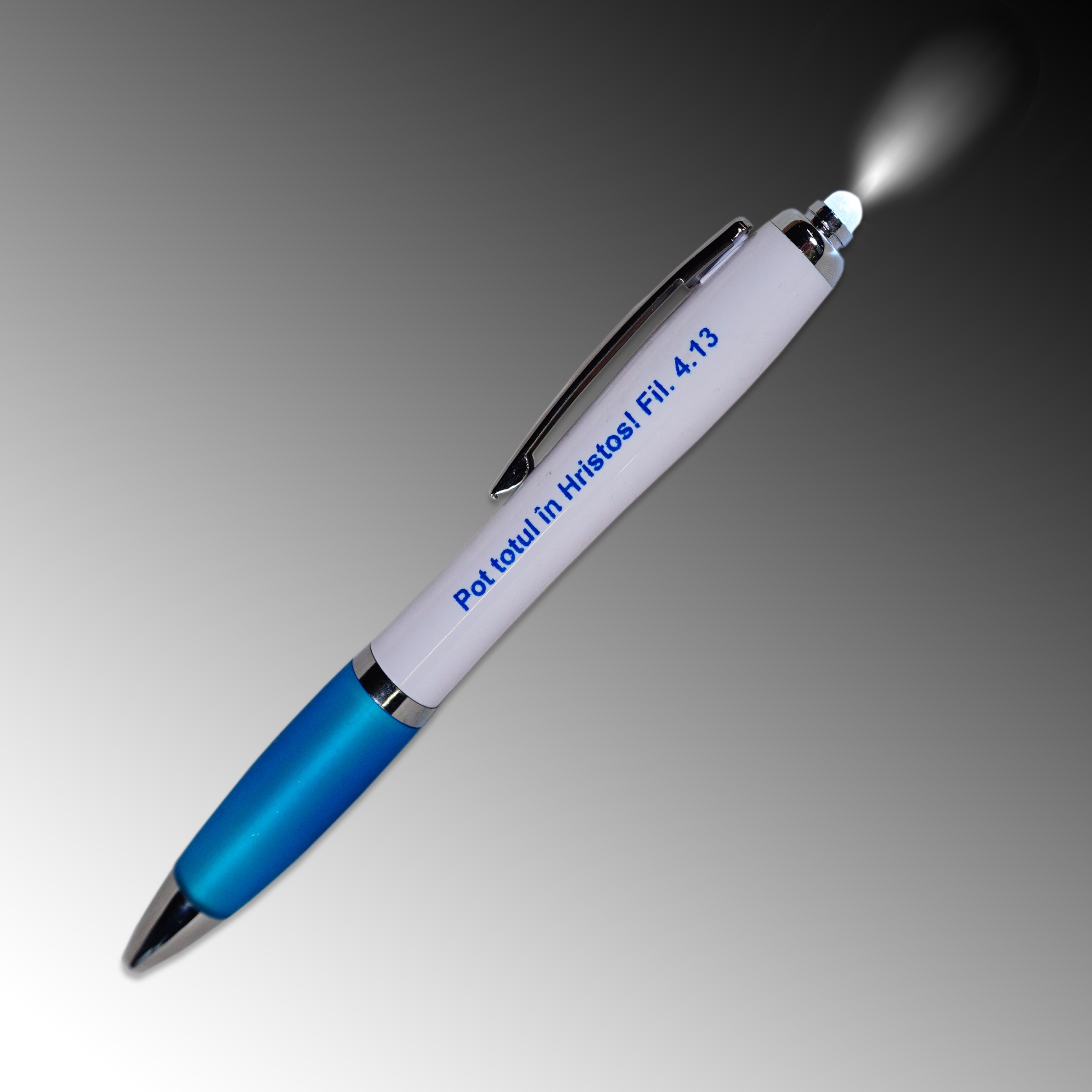 Pix alb, turcoaz cu lumină - "Pot totul în Hristos!" (Fil 4:13) Pix alb, turcoaz cu lumină - "Pot totul în Hristos!" (Fil 4:13)