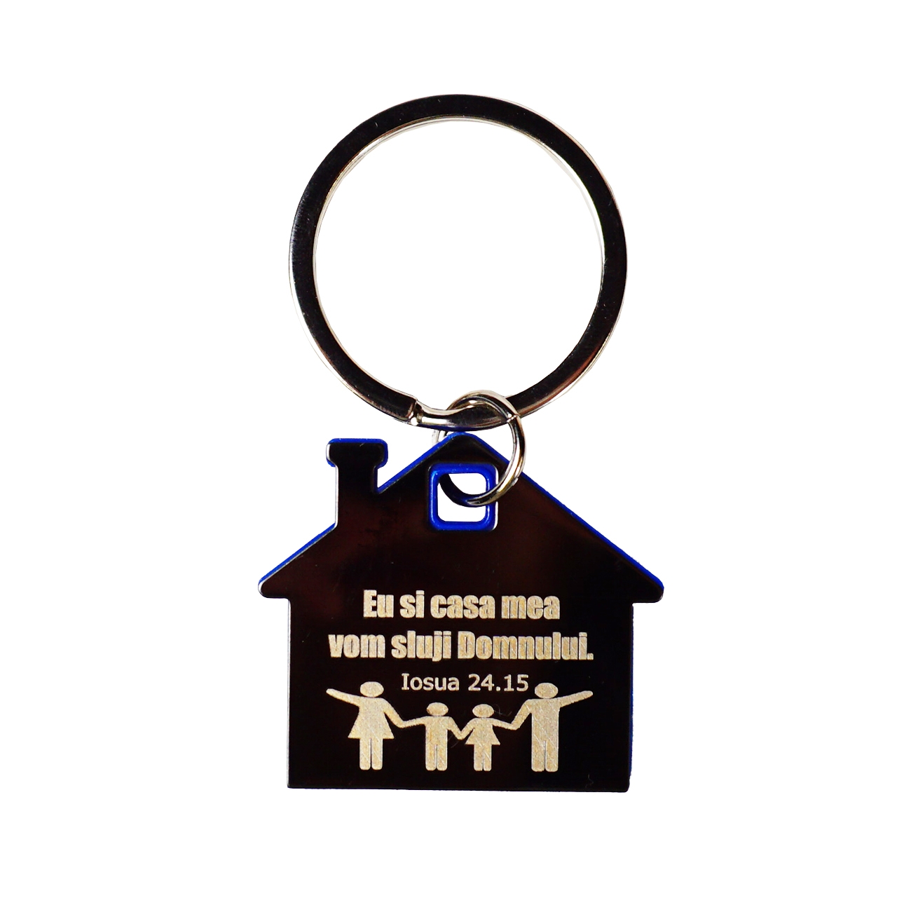 Breloc căsuță interior albastru - "Eu si casa mea vom sluji Domnului"