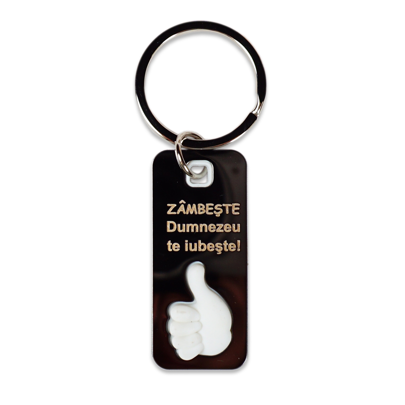 Breloc metal deget 3D - "Zâmbește, Dumnezeu te iubește!" Breloc metal deget 3D - "Zâmbește, Dumnezeu te iubește!"