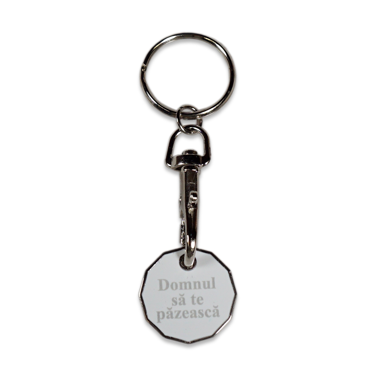 Breloc alb cu jeton cărucior cumpărături - Domnul să te păzească Breloc alb cu jeton cărucior cumpărături - Domnul să te păzească
