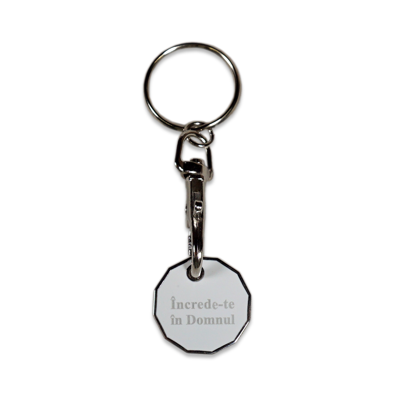 Breloc alb cu jeton cărucior cumpărături - Încrede-te în Domnul Breloc alb cu jeton cărucior cumpărături - Încrede-te în Domnul