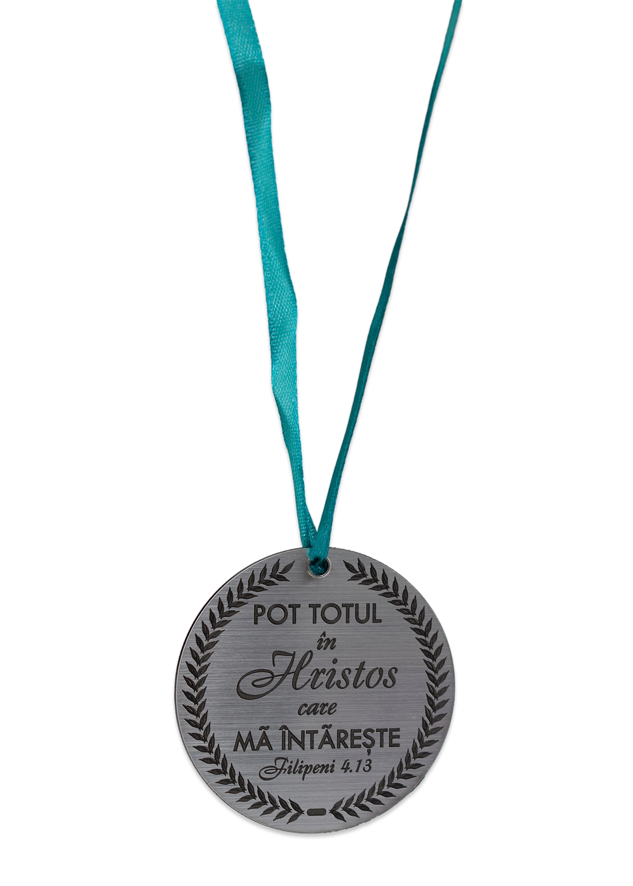 Medalie ABS gravata, argintie, cu mesaj crestin, panglica turcoaz - Pot totul in Hristos