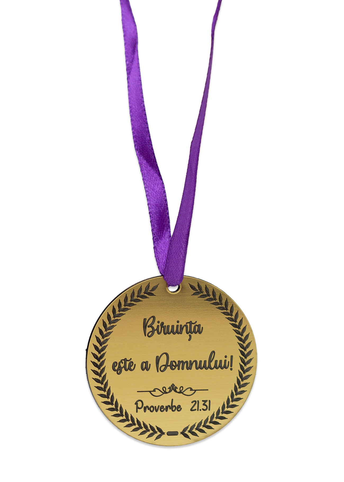 Medalie ABS gravata, aurie, cu mesaj crestin, panglica mov - Biruinta este a Domnului Medalie ABS gravata, aurie, cu mesaj crestin, panglica mov - Biruinta este a Domnului