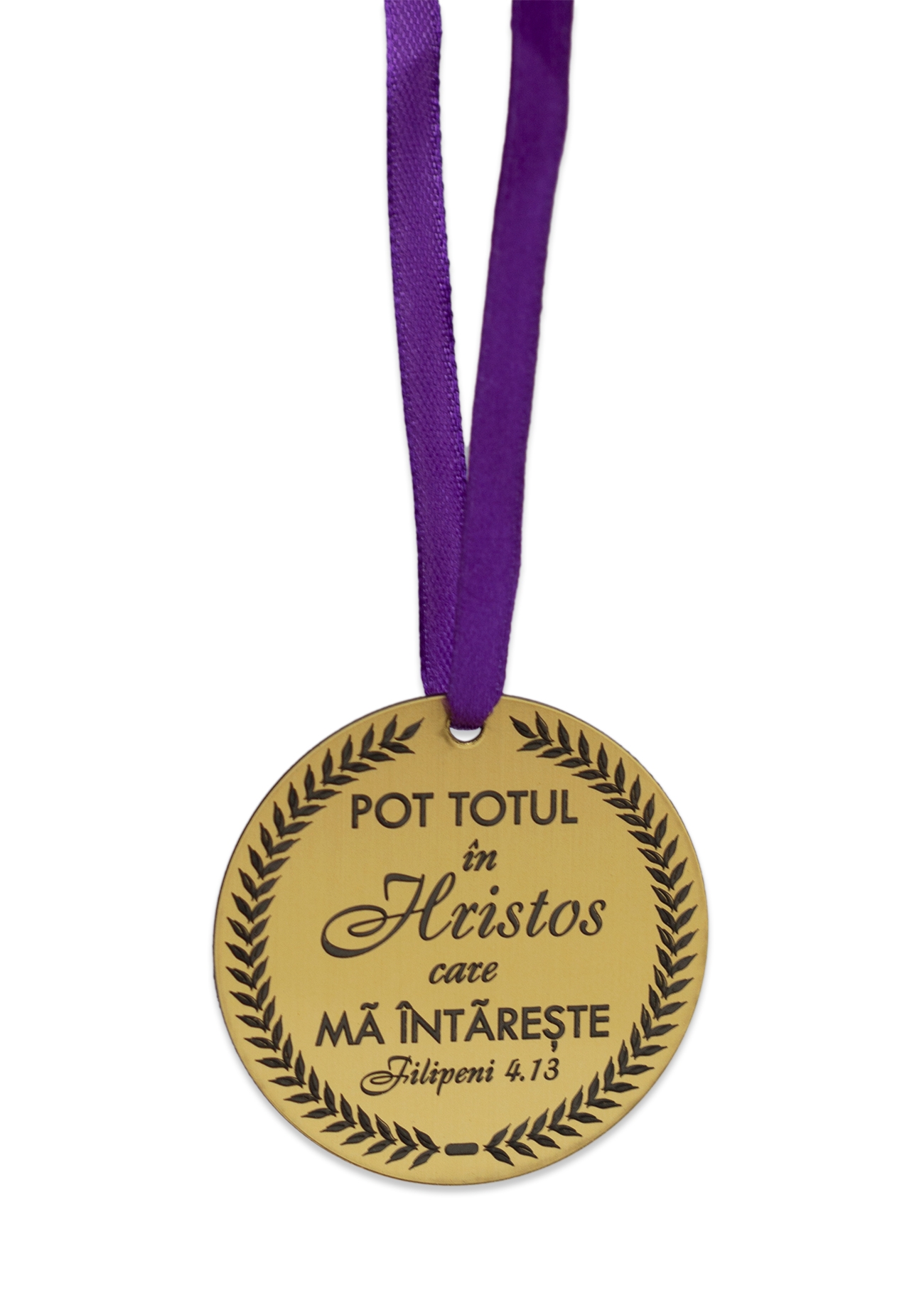 Medalie ABS gravata, aurie, cu mesaj crestin, panglica mov - Pot totul in Hristos Medalie ABS gravata, aurie, cu mesaj crestin, panglica mov - Pot totul in Hristos