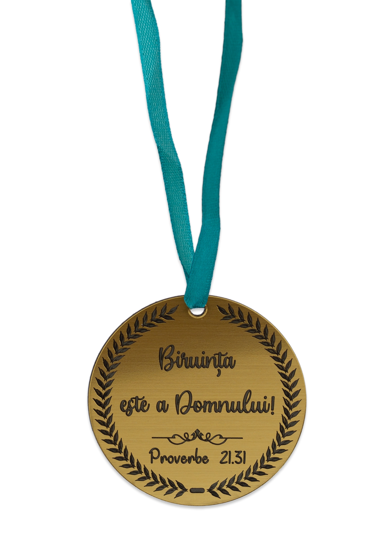 Medalie ABS gravata, aurie, cu mesaj crestin, panglica turcoaz - Biruinta este a Domnului Medalie ABS gravata, aurie, cu mesaj crestin, panglica turcoaz - Biruinta este a Domnului