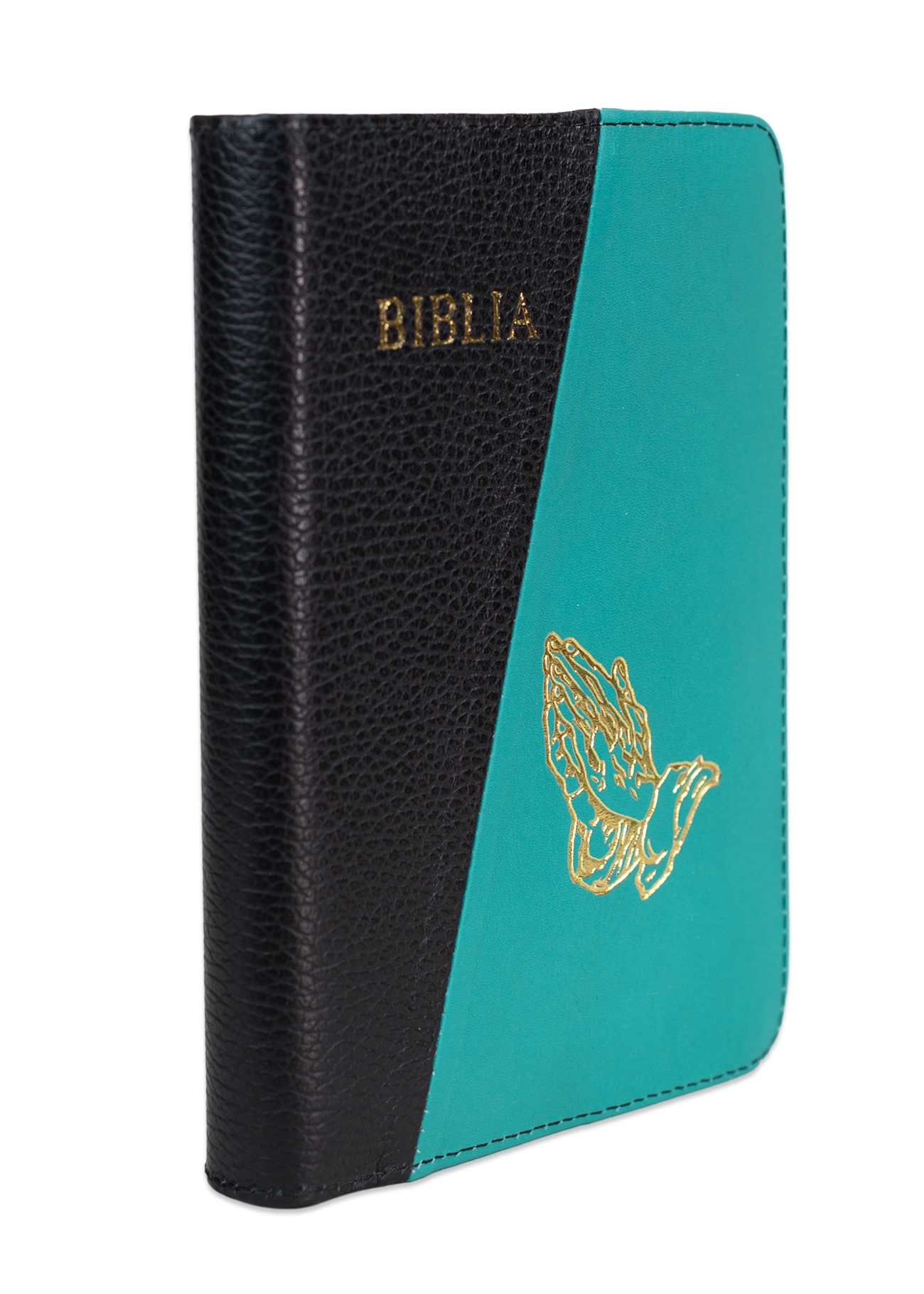 Biblie din piele, marime medie, culoare, verde turcoaz deschis, simbol maini in rugaciune, fermoar, index, margini aurii, cuv. lui Isus cu rosu [SB 057 PFI]