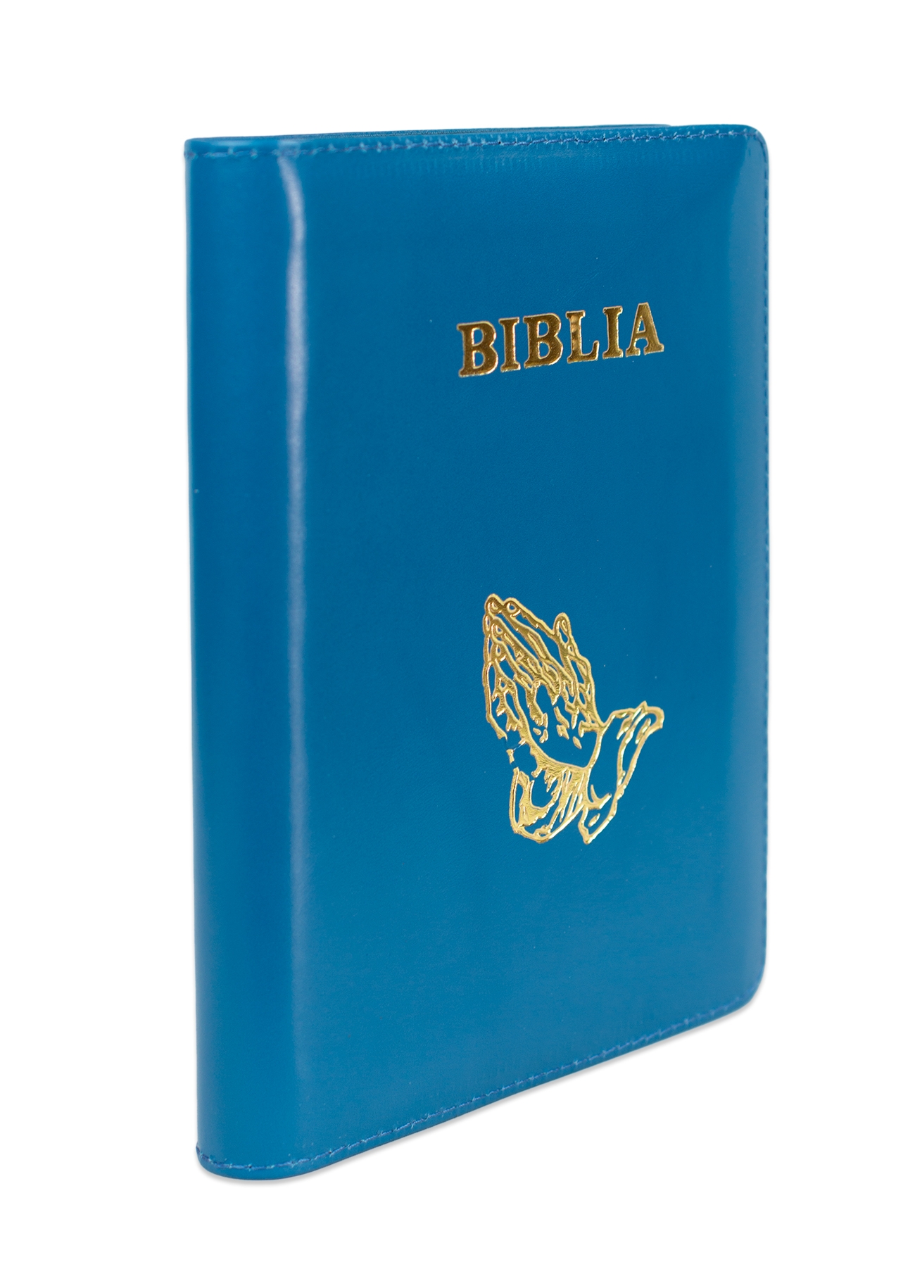Biblie din piele, marime medie, culoare, albastru ocean, simbol maini in rugaciune, fermoar, index, margini aurii, cuv. lui Isus cu rosu [SB 057 PFI]