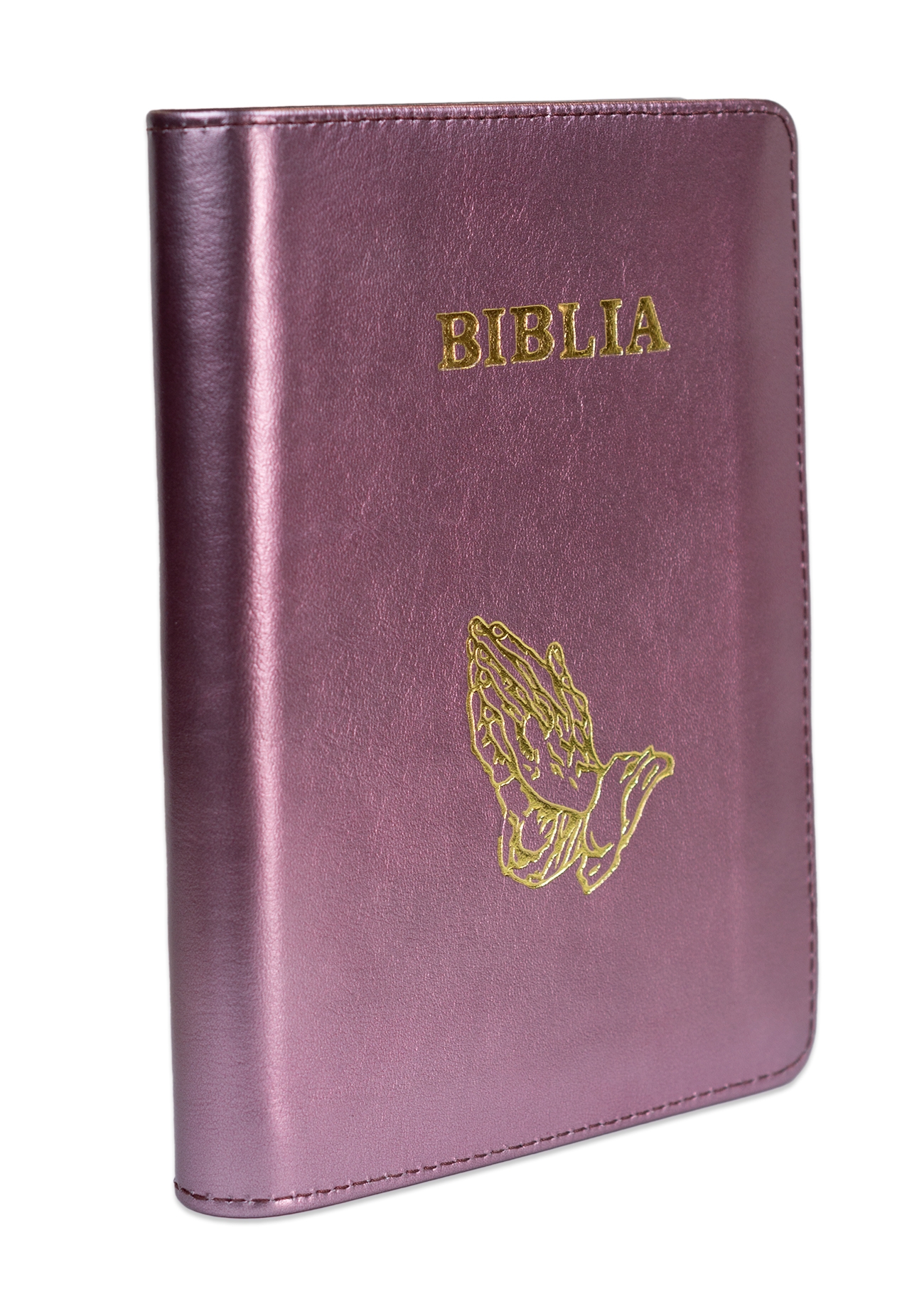 Biblie din piele, marime medie, culoare, mov sidefat, simbol maini in rugaciune, fermoar, index, margini aurii, cuv. lui Isus cu rosu [SB 057 PFI]
