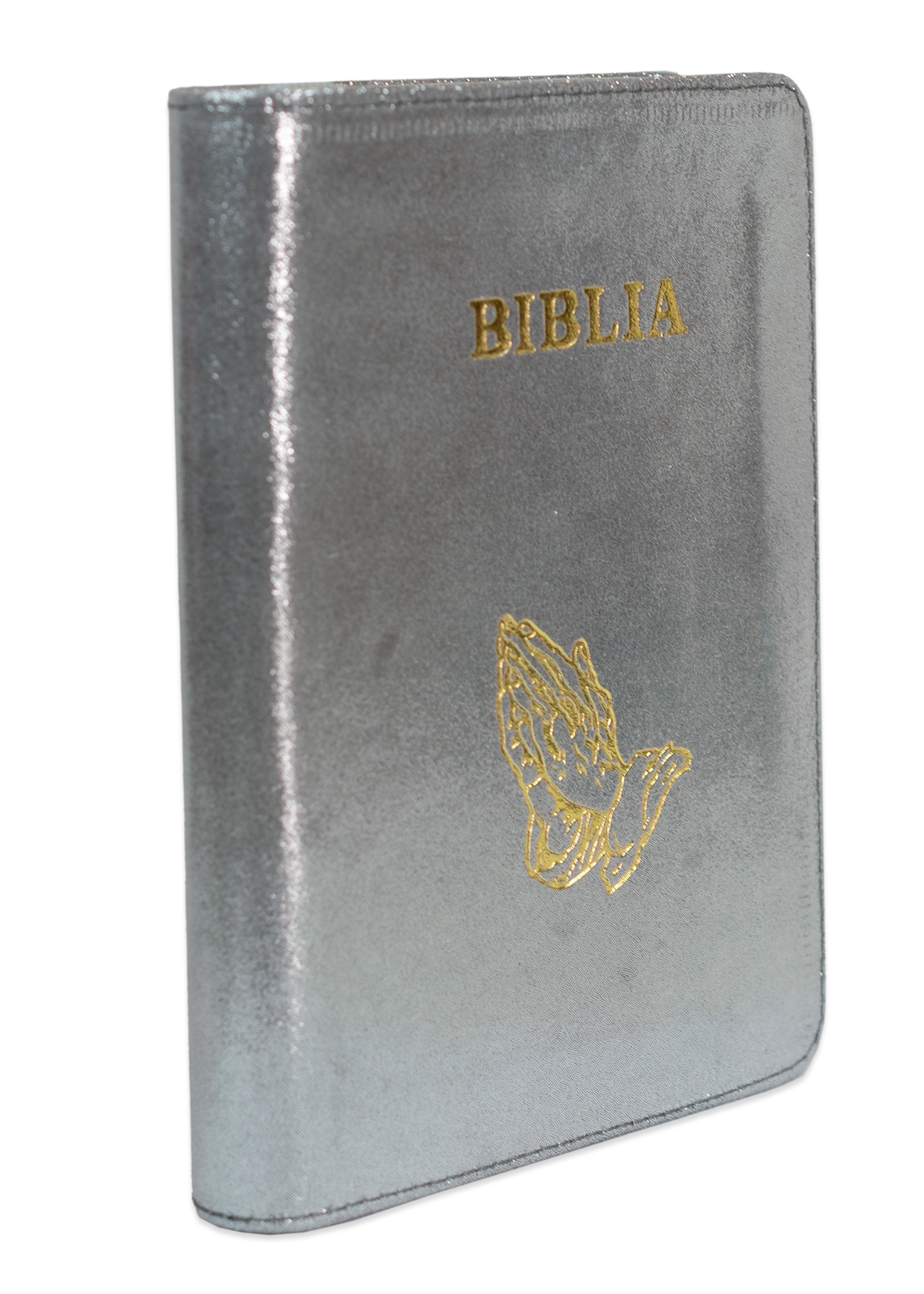 Biblie din piele, marime medie, culoare, gri sidefat, simbol maini in rugaciune, fermoar, index, margini aurii, cuv. lui Isus cu rosu [SB 057 PFI]