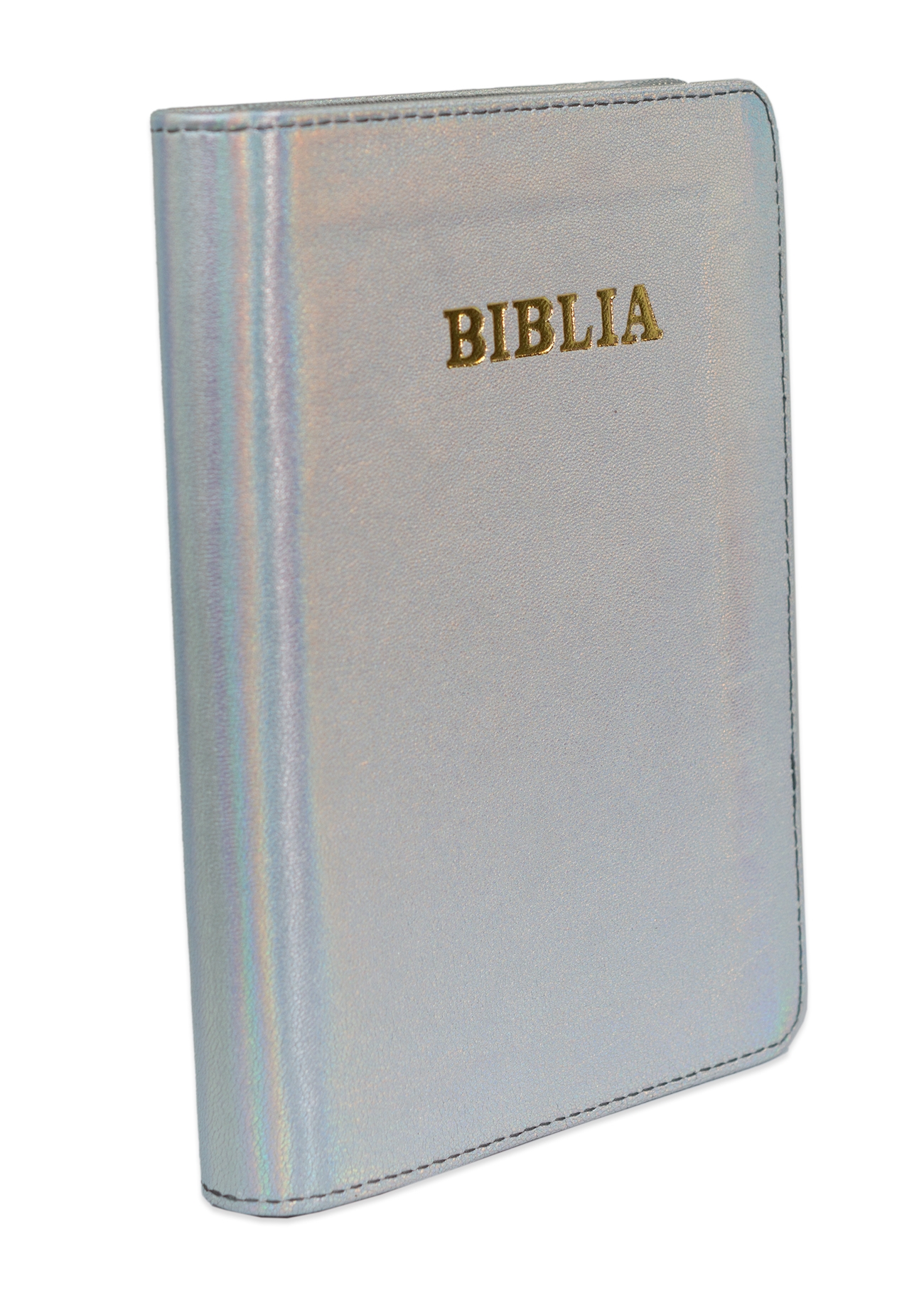 Biblie din piele, marime medie, culoare, gri deschis sidefat, fermoar, index, margini aurii, cuv. lui Isus cu rosu [SB 057 PFI]