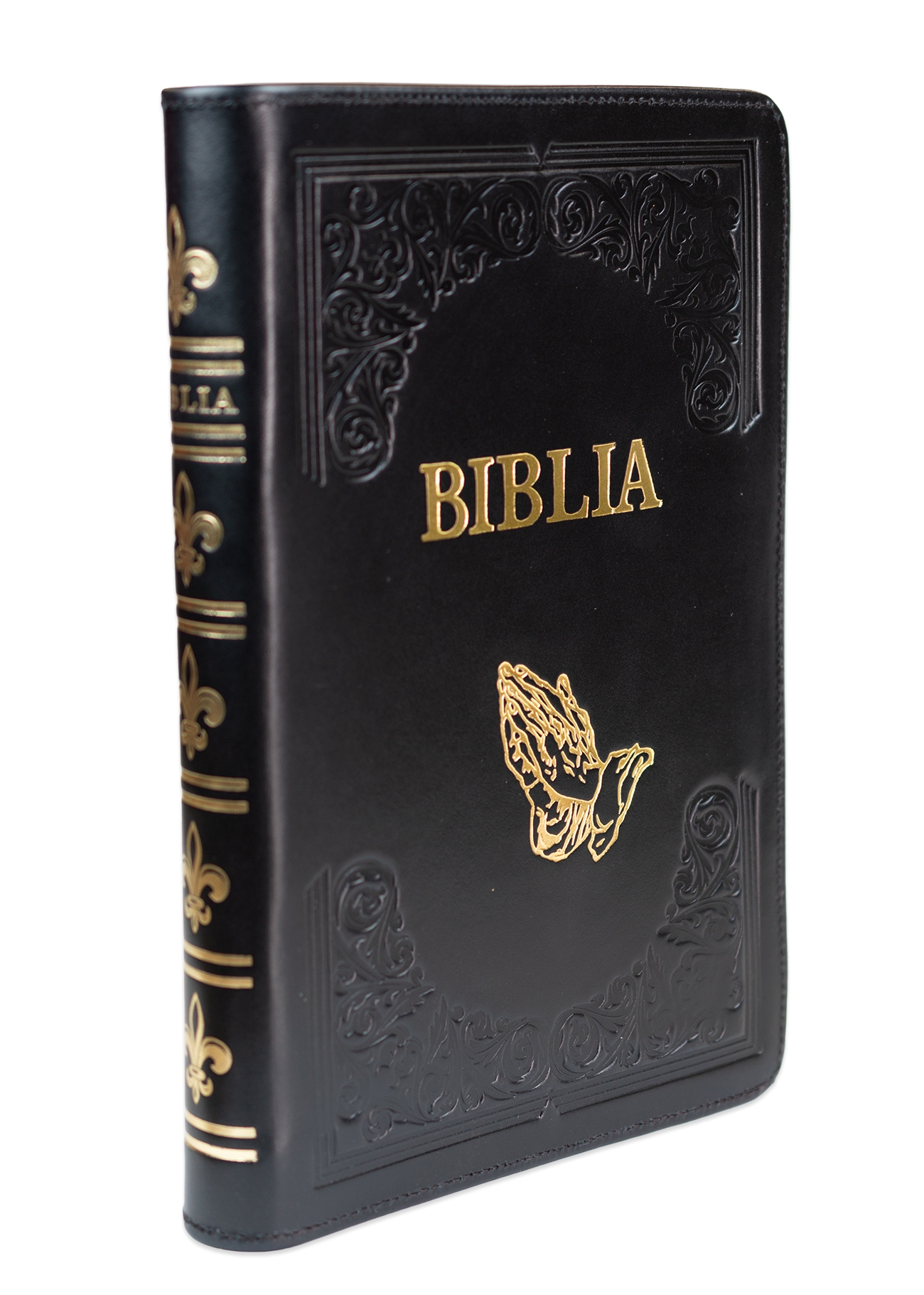 Biblie mare, piele, handmade,  neagră, index, margini argintii,  cuv. Isus cu rosu [SI 076 HM]