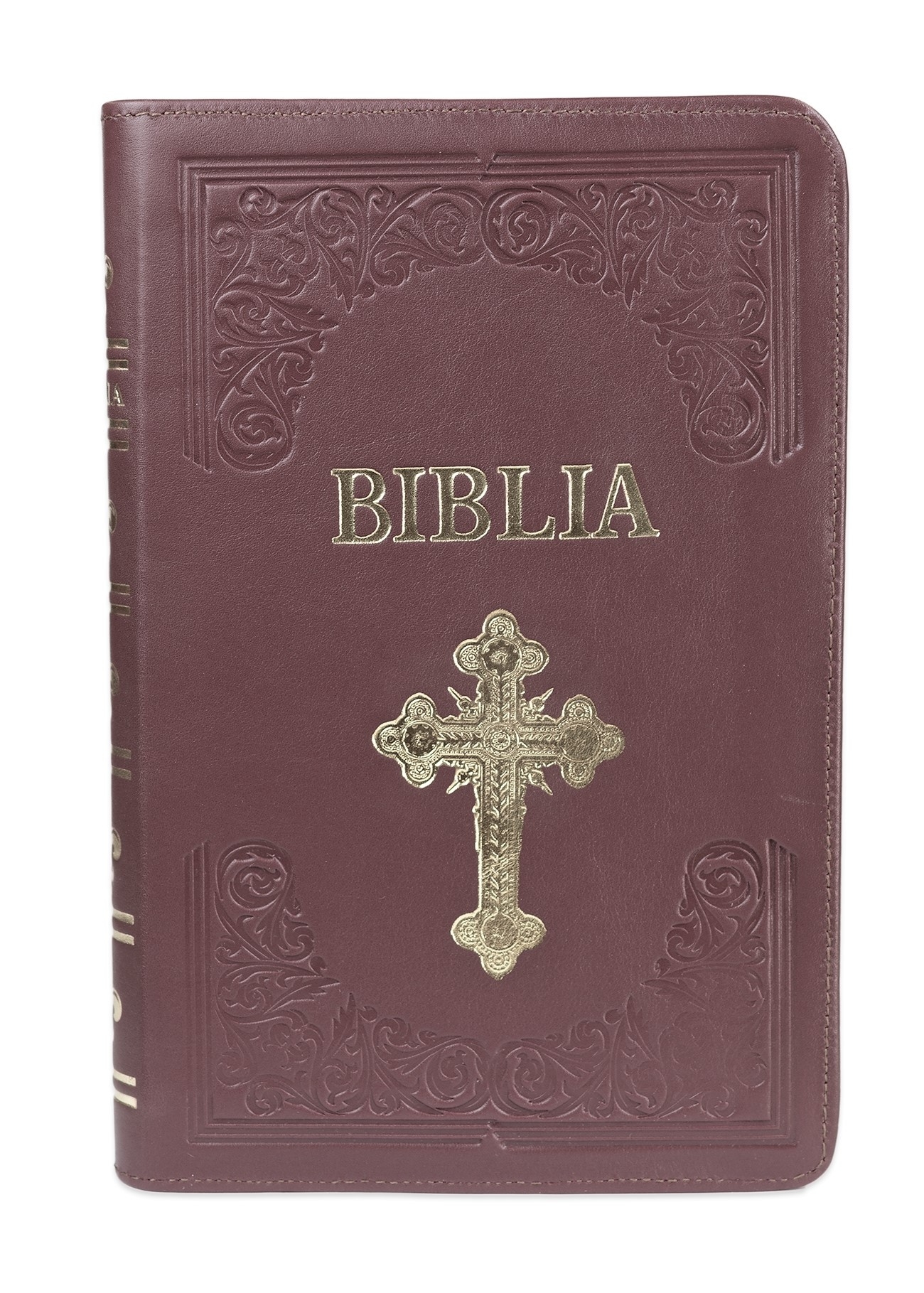 Biblie mare, piele, handmade, bordo închis, index, margini aurii,  cuv. Isus cu rosu [SI 076 HM]