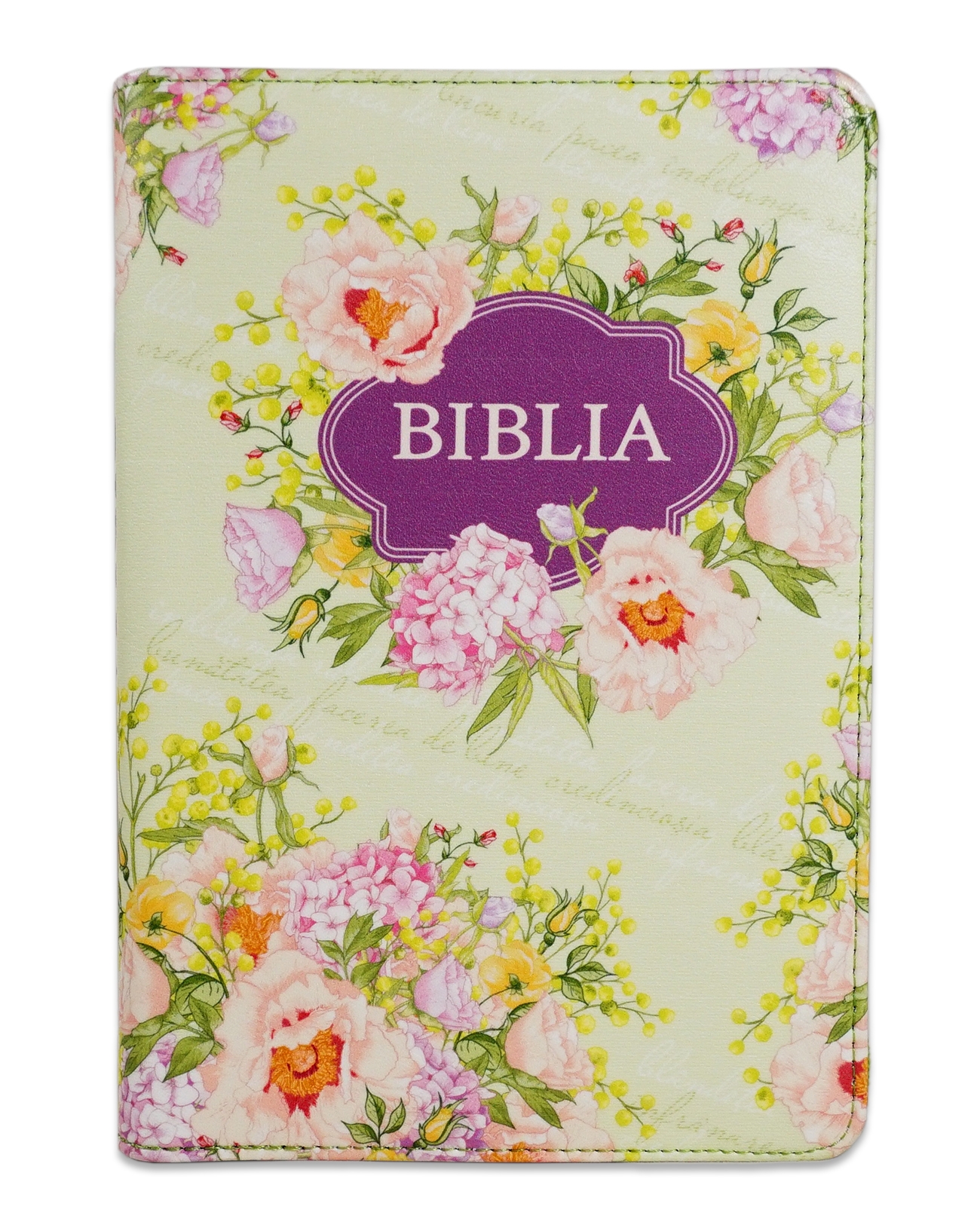 Biblie marime medie, piele ecologică, model verde floral, fermoar, index, margini argintii, hărți, cuv. lui Isus cu roșu [055 ZTI F]