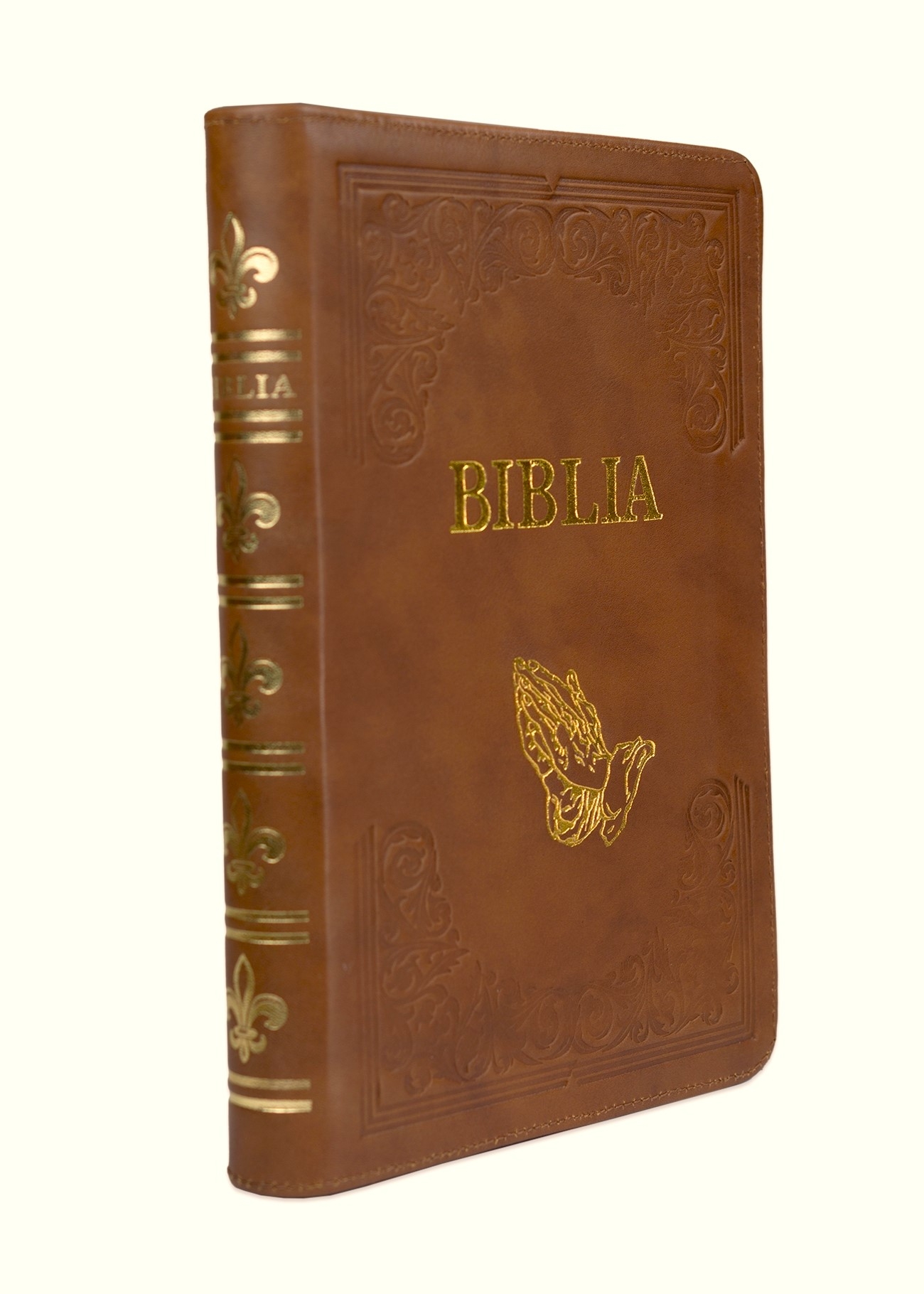 Biblie mare, piele, handmade, maro, simbol mâini în rugăciune, index, margini aurii,  cuv. Isus cu rosu [SI 076 HM]