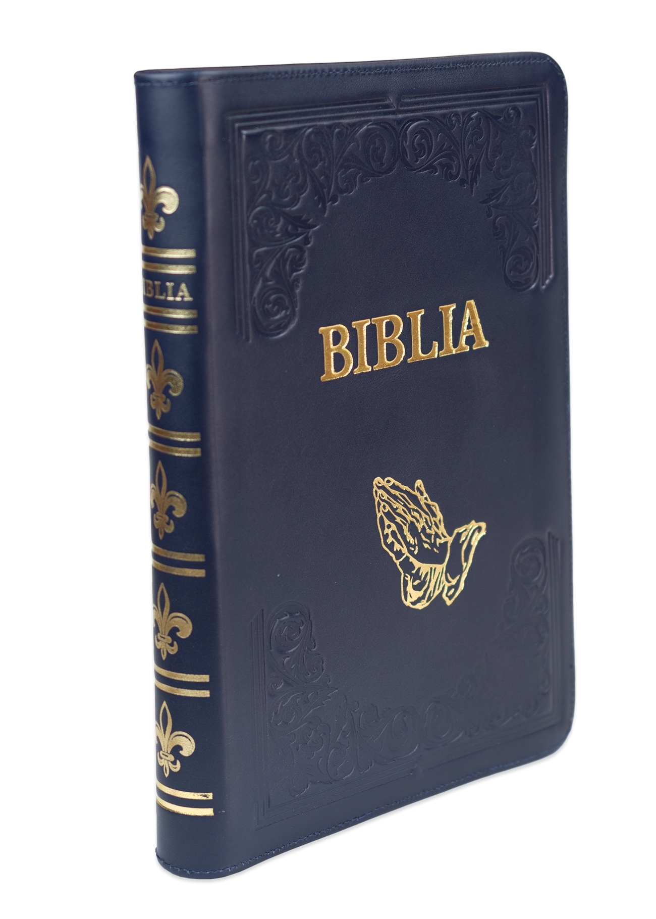 Biblie mare, piele, handmade, bleumarin închis, margini aurii,  cuv. Isus cu rosu [SI 076 HM]