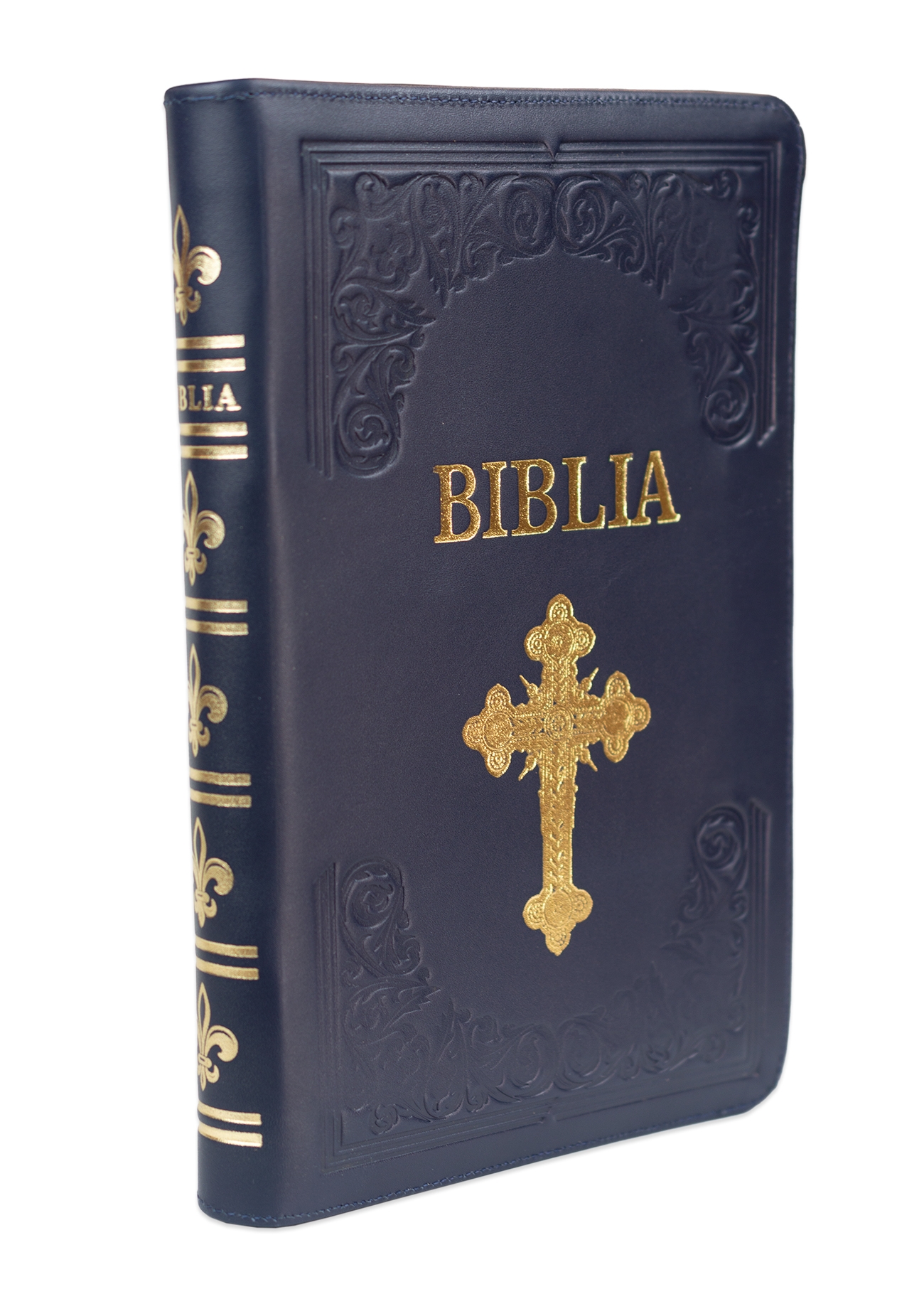 Biblie mare, piele, handmade,  bleumarin închis, index, margini argintii,  cuv. Isus cu rosu [SI 076 HM]