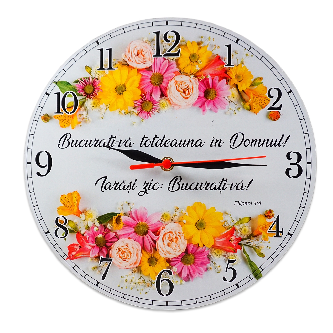 Ceas perete rotund cu mesaj creștin (30 cm) - "Bucurați-vă totdeauna în Domnul..." Ceas perete rotund cu mesaj creștin (30 cm) - "Bucurați-vă totdeauna în Domnul..."