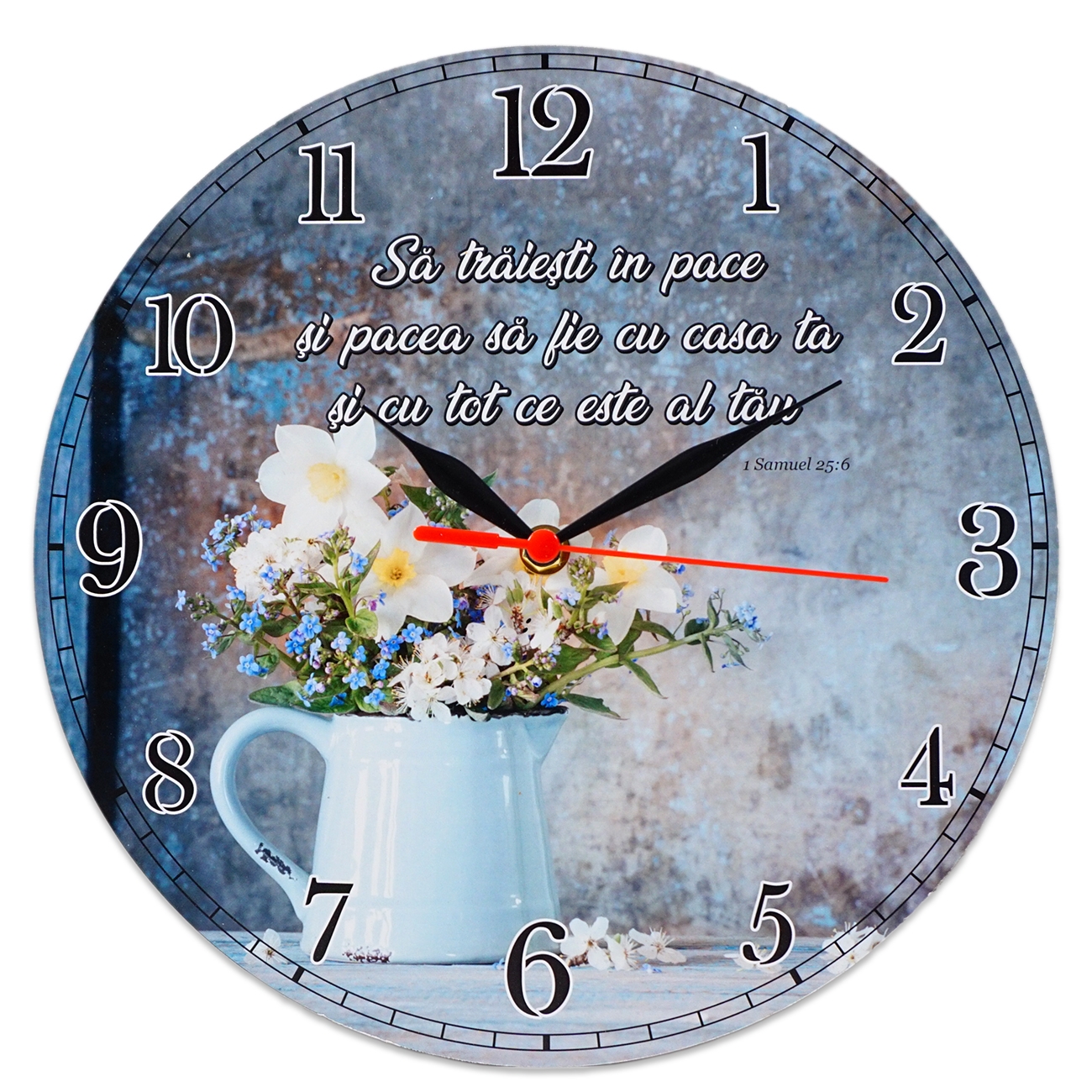 Ceas perete rotund cu mesaj creștin (30 cm) - "Să trăiești în pace..." Ceas perete rotund cu mesaj creștin (30 cm) - "Să trăiești în pace..."