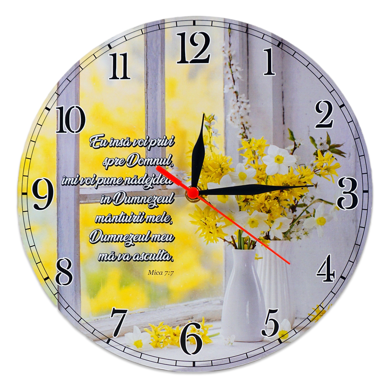 Ceas perete rotund cu mesaj creștin (30 cm) - "Eu însă voi privi spre Domnul..." Ceas perete rotund cu mesaj creștin (30 cm) - "Eu însă voi privi spre Domnul..."