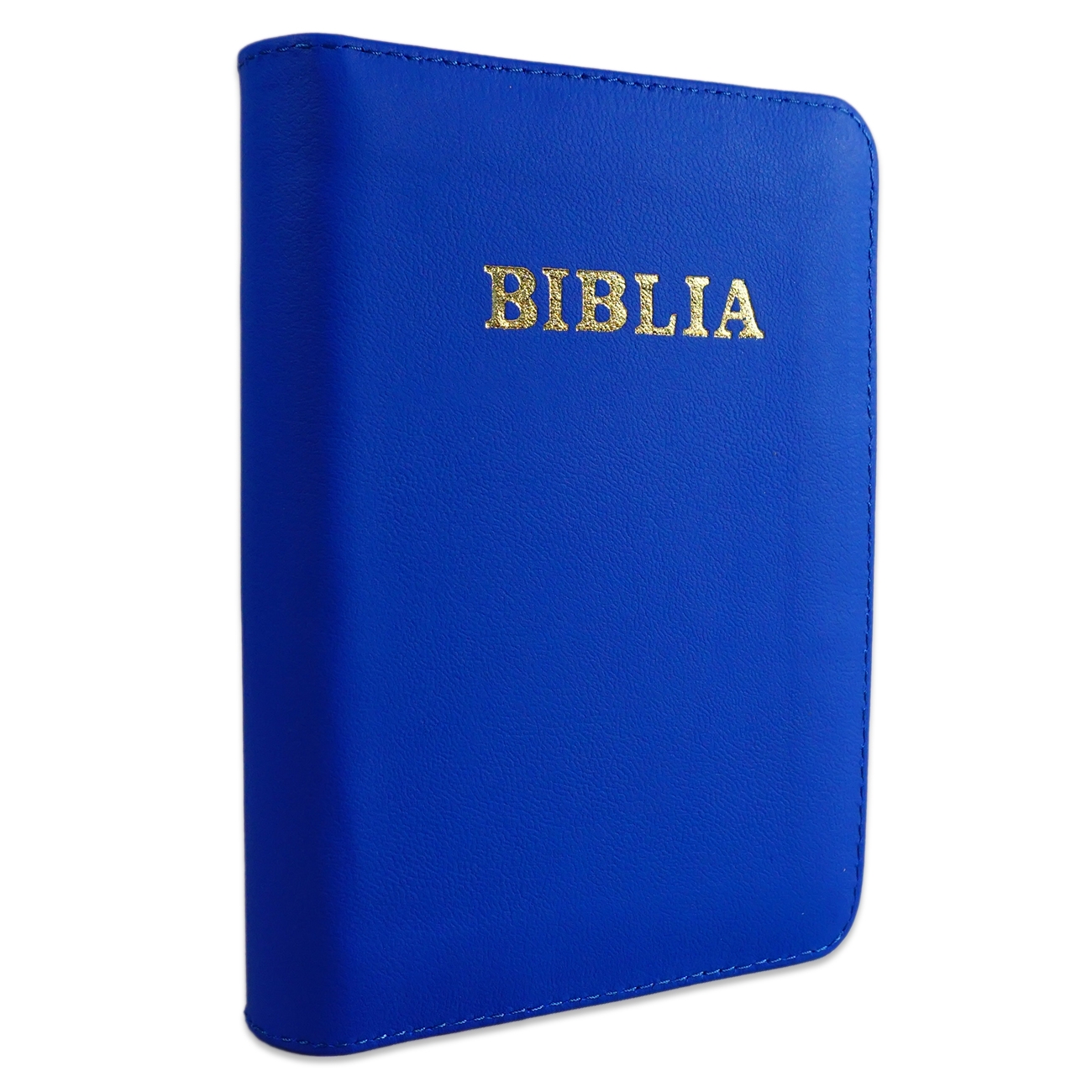Biblia format mic, din piele, culoare albastru, index, fermoar, margini argintii, cuv. lui Isus in rosu [047 PFI]