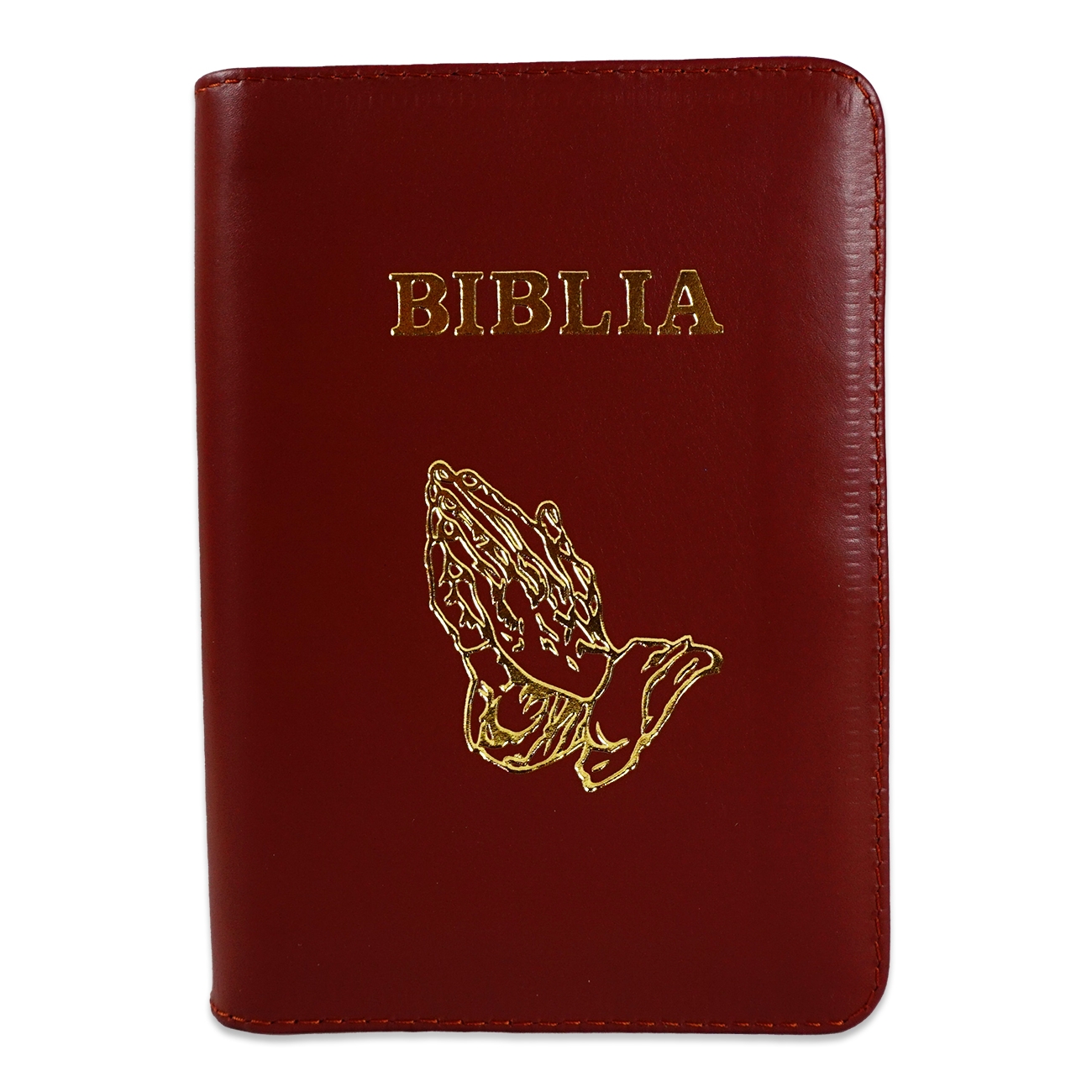 Biblia format mic, din piele, culoare maro roscat , index, fermoar, margini argintii,simbolul maini in rugaciune, cuv. lui Isus in rosu [047 PFI]